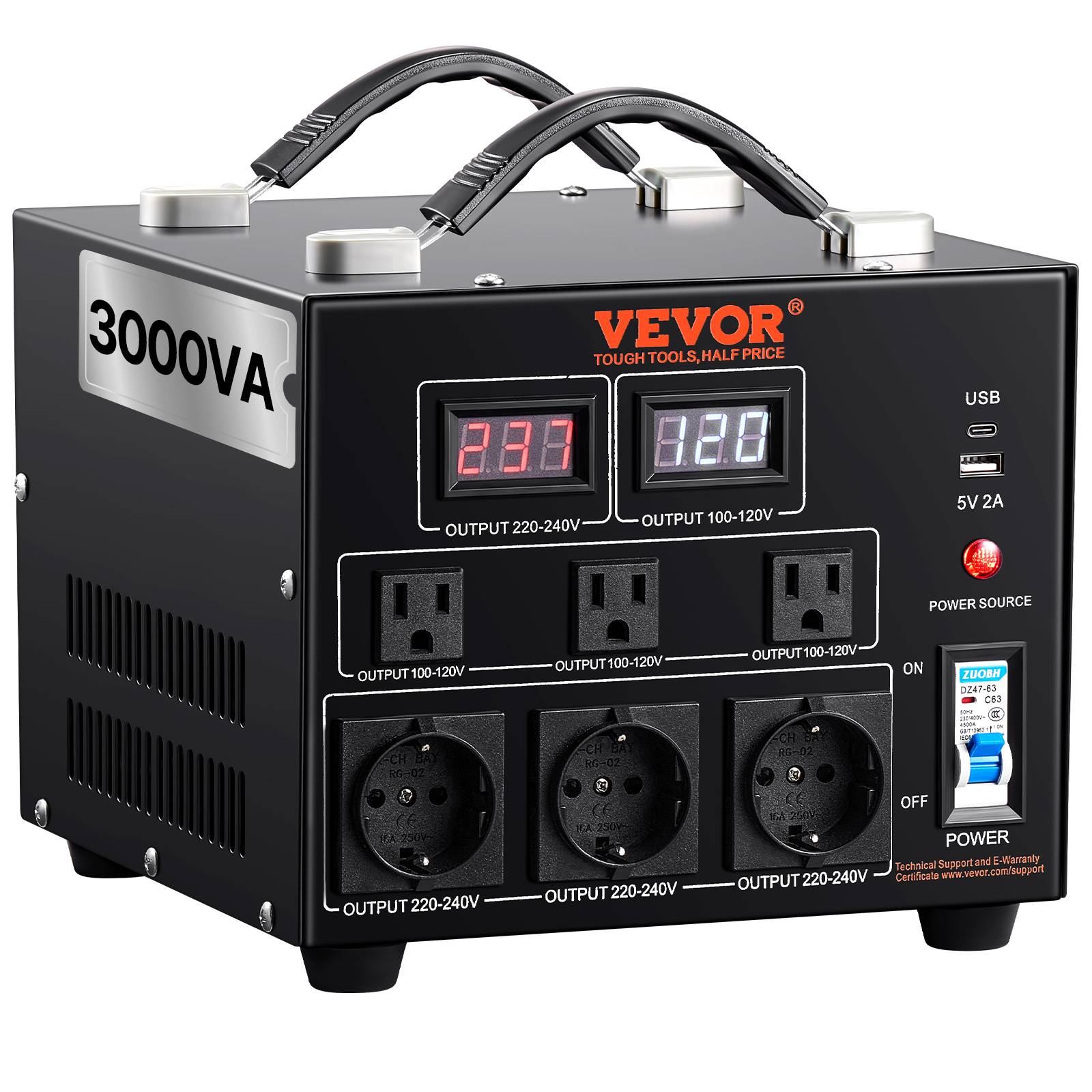 VEVOR Transformateur 220V⇄110V 3000W, avec 3 prises US, 3 prises EU, 1 USB, 1 Type-C, élévateur/abaisseur. - Image 1