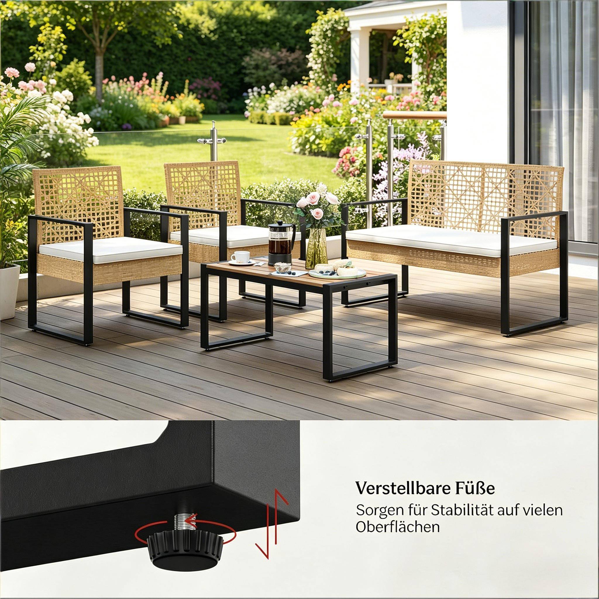ComfortXL - Salon de jardin 4 places résine tressée métal pour terrasse balcon bois naturel - ComfortXL Outdoor Living - Image 7