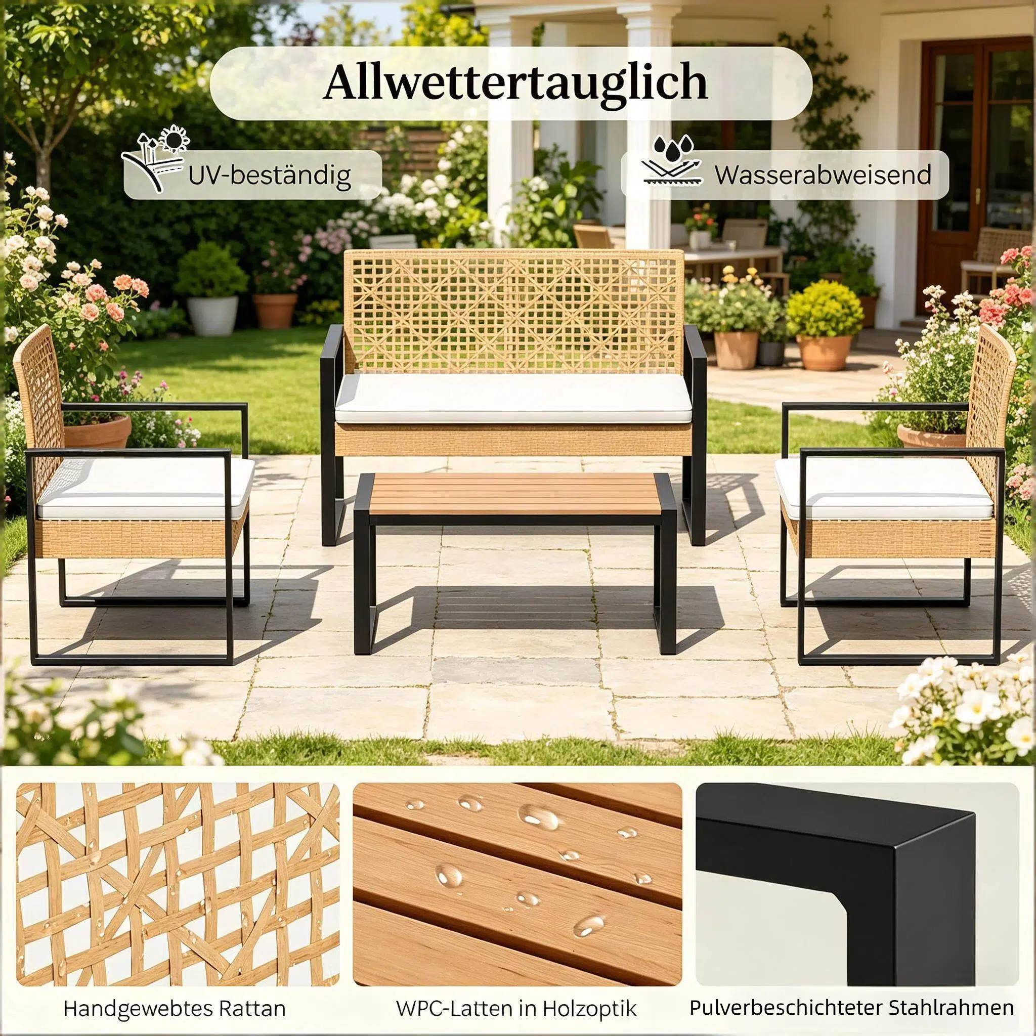 ComfortXL - Salon de jardin 4 places résine tressée métal pour terrasse balcon bois naturel - ComfortXL Outdoor Living - Image 5