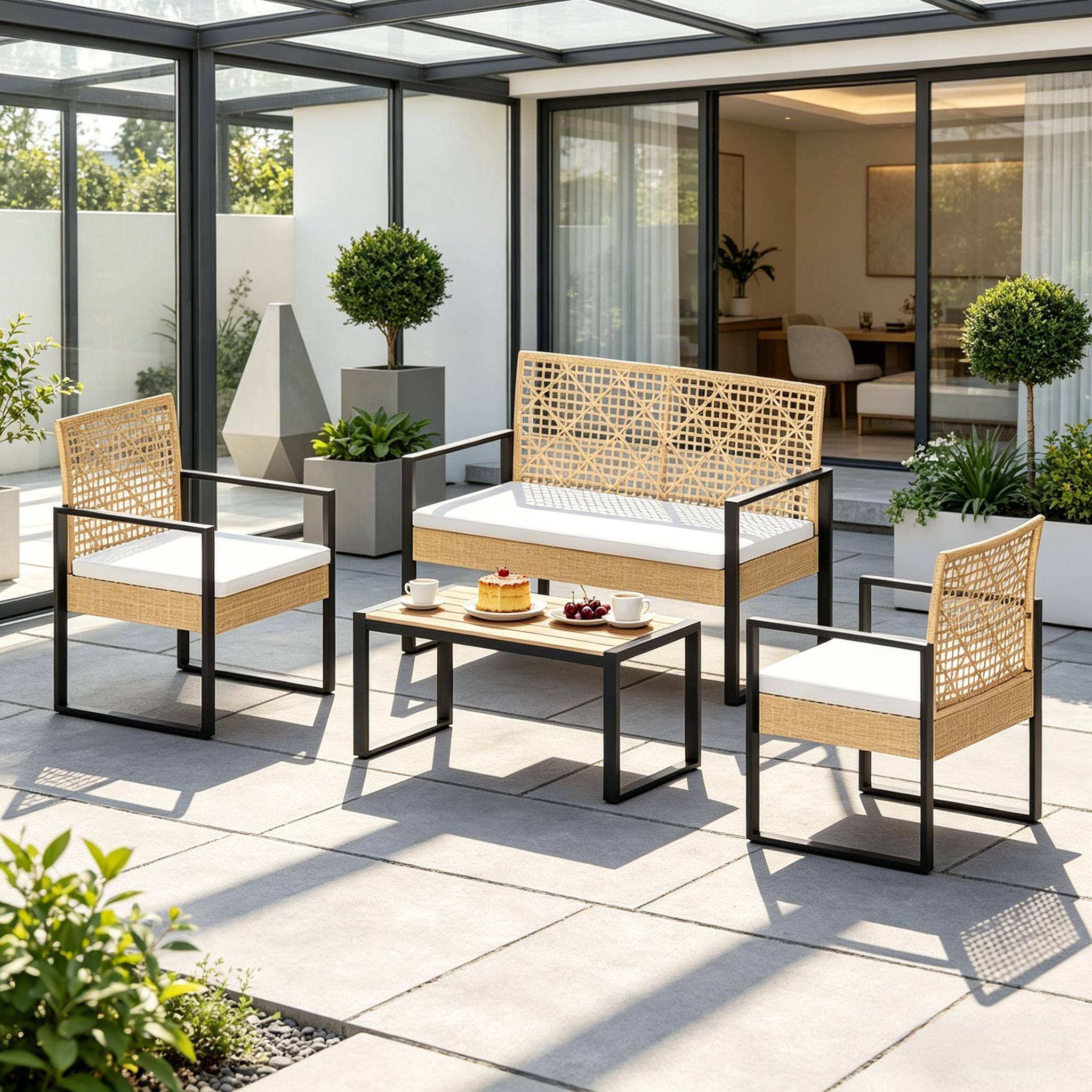 ComfortXL - Salon de jardin 4 places résine tressée métal pour terrasse balcon bois naturel - ComfortXL Outdoor Living - Image 3