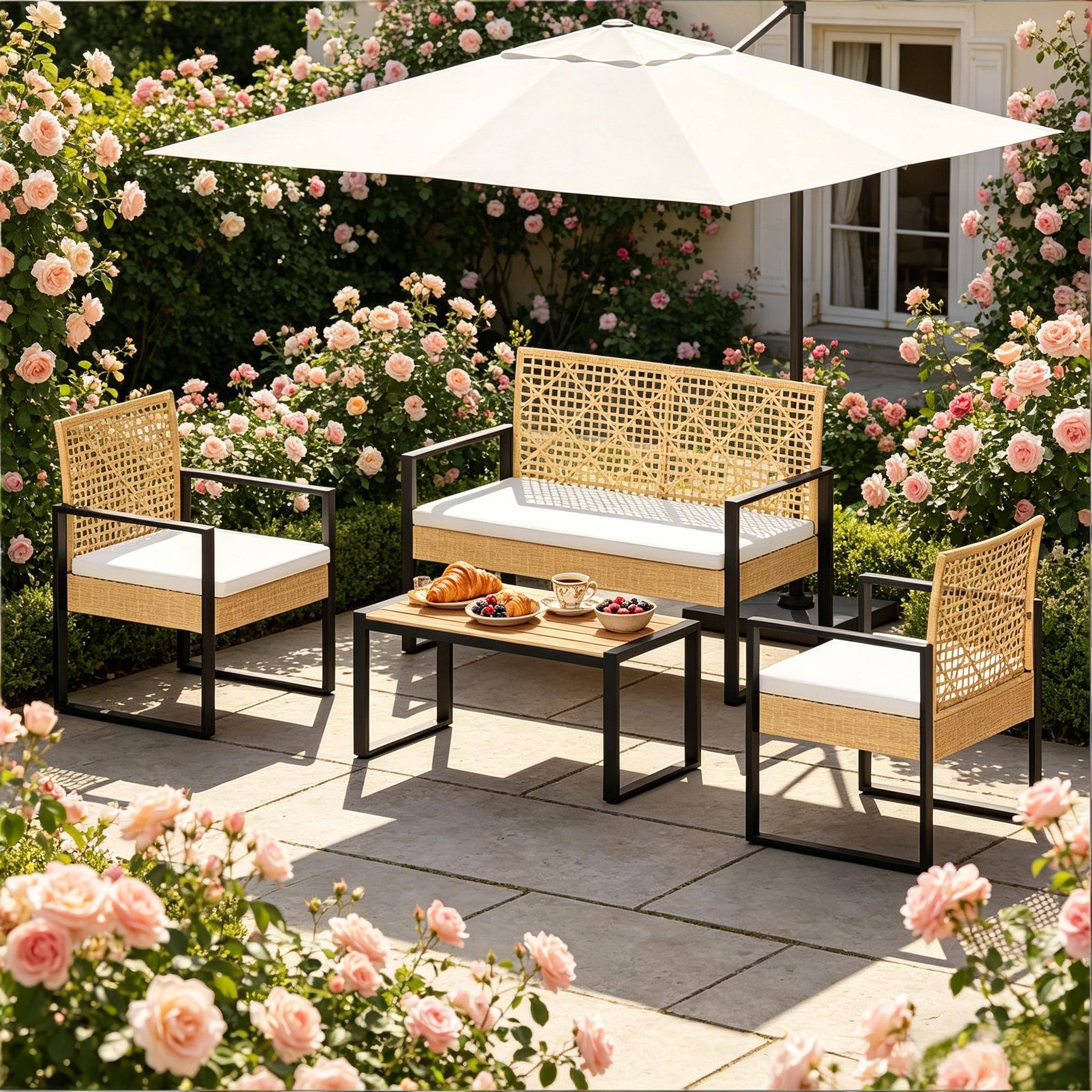 ComfortXL - Salon de jardin 4 places résine tressée métal pour terrasse balcon bois naturel - ComfortXL Outdoor Living