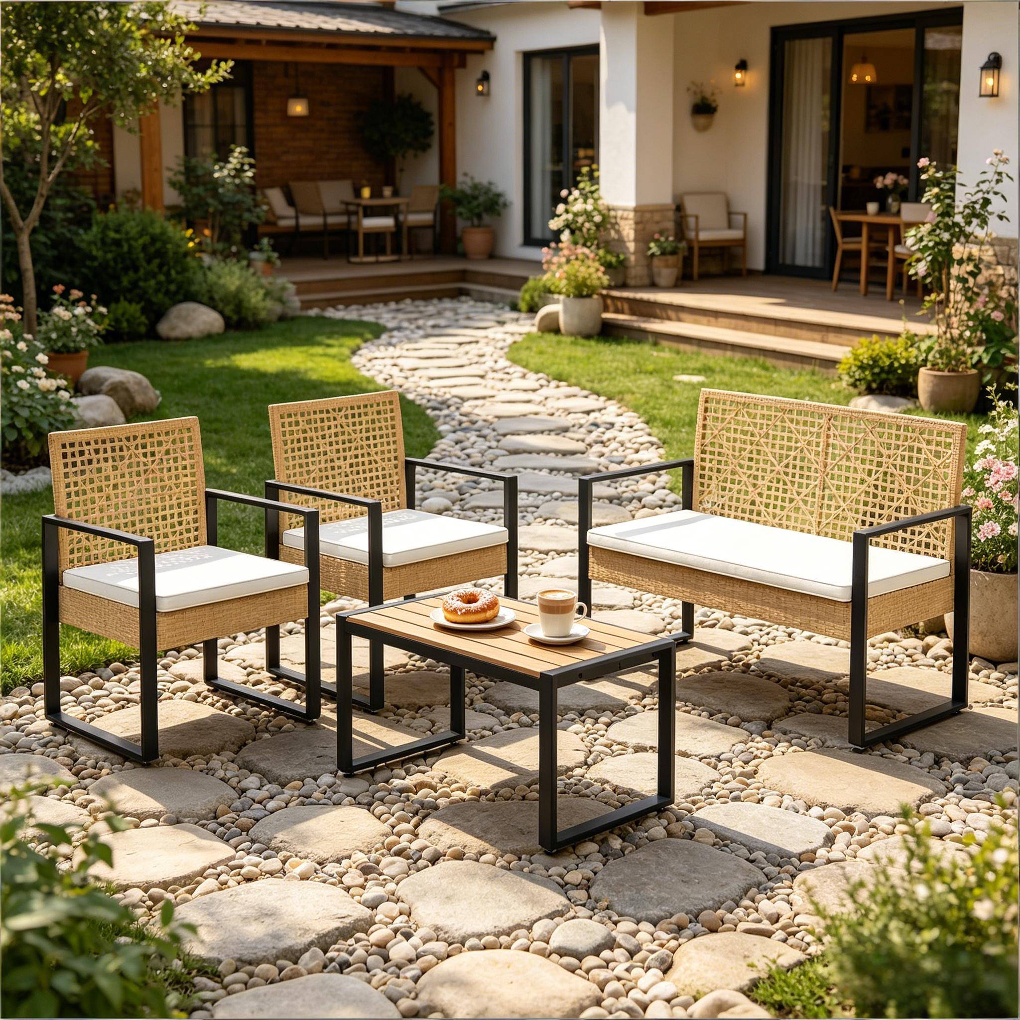 ComfortXL - Salon de jardin 4 places résine tressée métal pour terrasse balcon bois naturel - ComfortXL Outdoor Living - Image 2