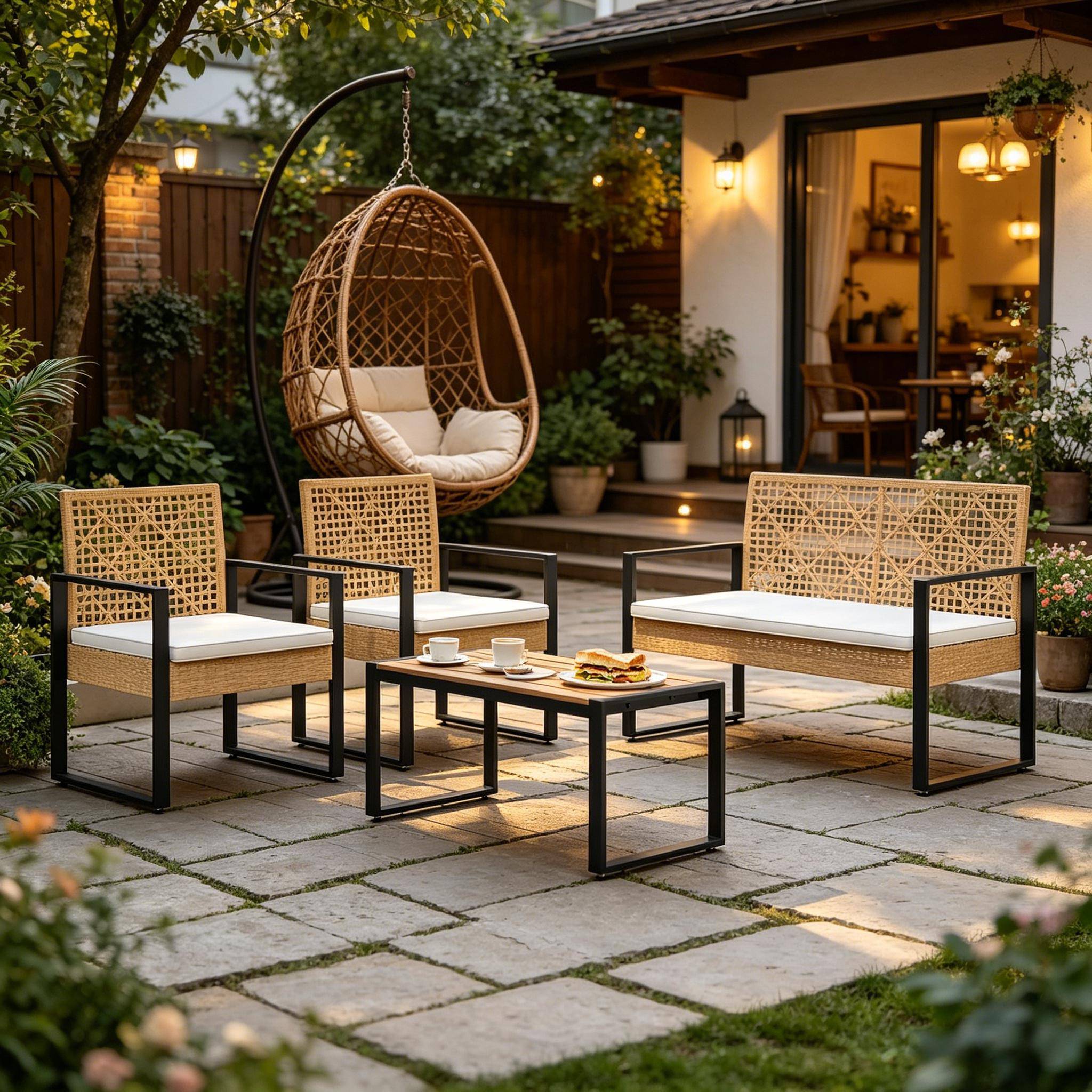 ComfortXL - Salon de jardin 4 places résine tressée métal pour terrasse balcon bois naturel - ComfortXL Outdoor Living - Image 4