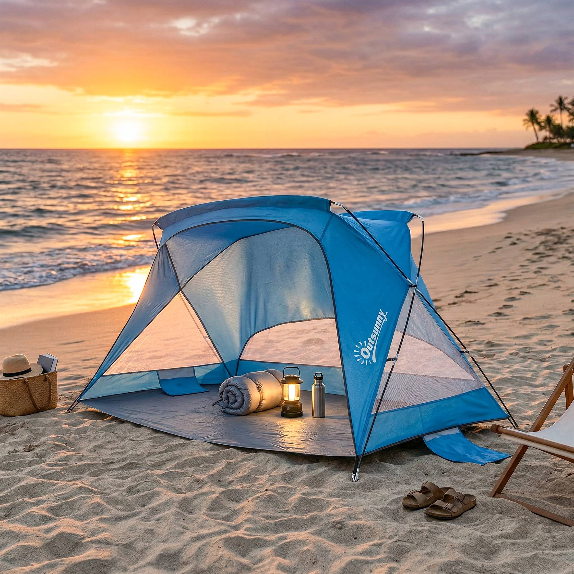 Tente de plage bleu ciel 2 à 3 personnes sacs de sable porte fenêtres UPF30+ sac et poche, protégé - Image 4