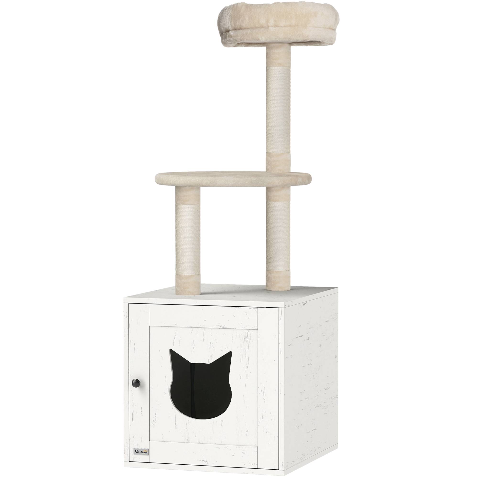 Sans Marque - Arbre à chat avec maison de toilettes, tour de jeu 2-en-1 de 129 cm avec cache-litière, poteaux à griffer, crème - Image 2