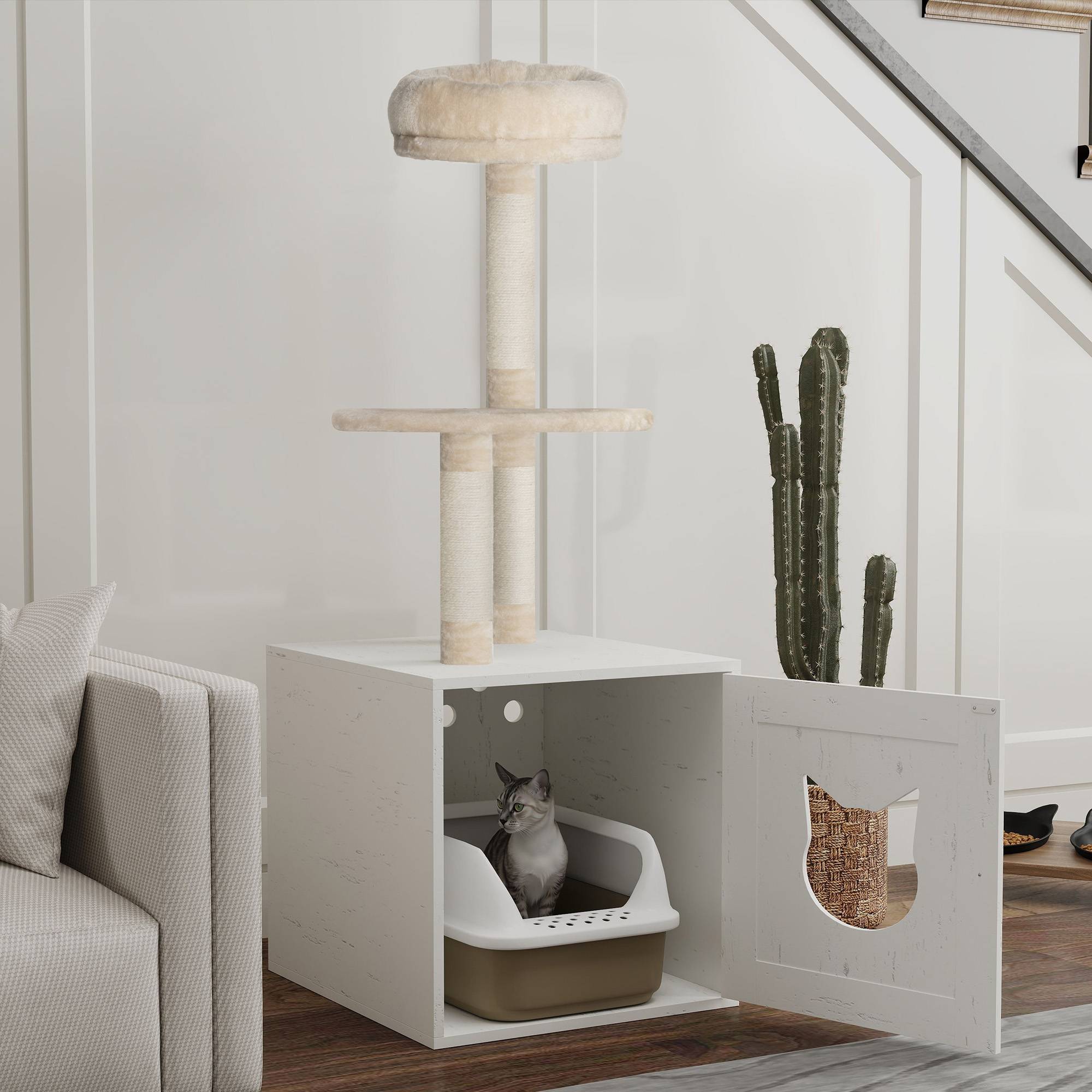 Sans Marque - Arbre à chat avec maison de toilettes, tour de jeu 2-en-1 de 129 cm avec cache-litière, poteaux à griffer, crème - Image 3