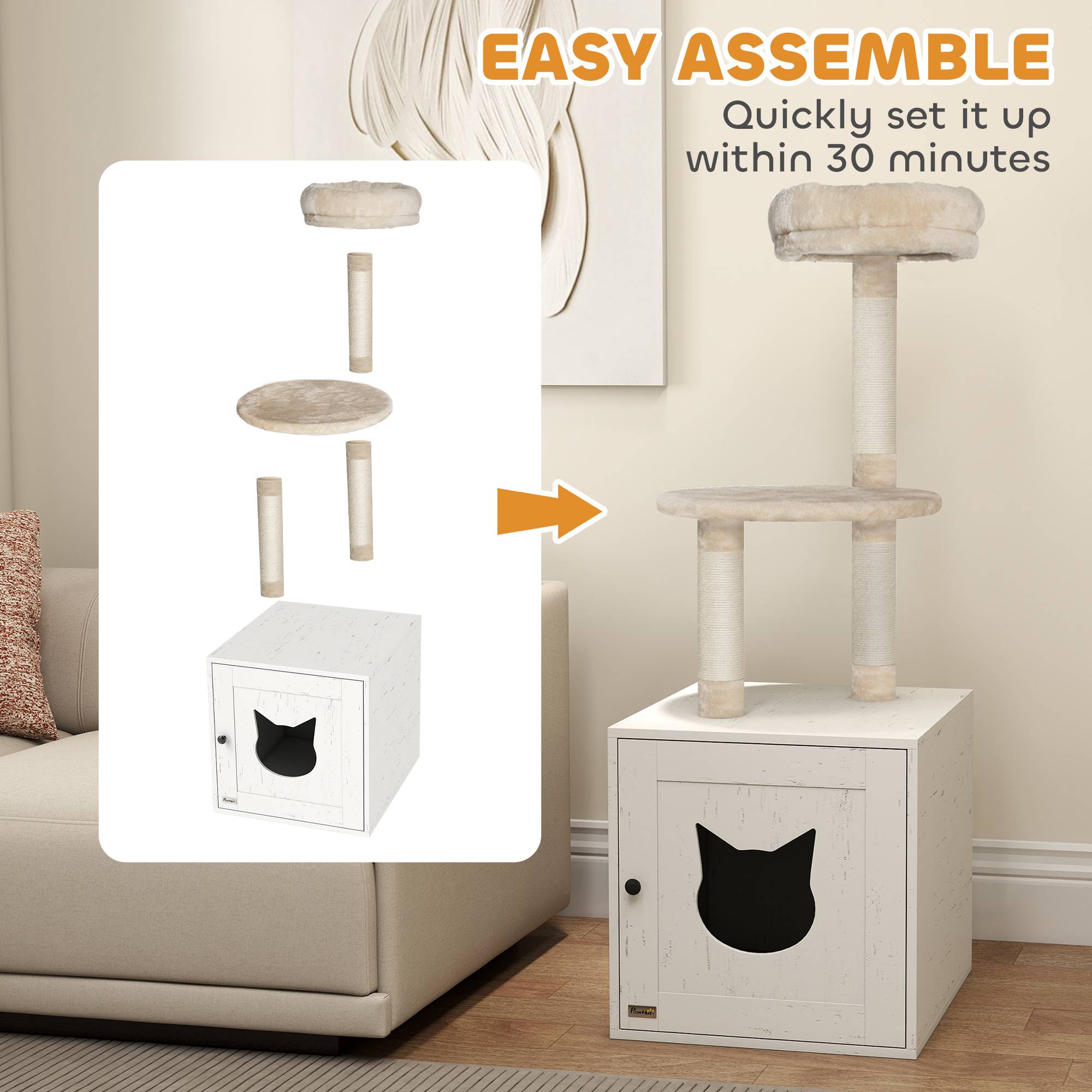 Sans Marque - Arbre à chat avec maison de toilettes, tour de jeu 2-en-1 de 129 cm avec cache-litière, poteaux à griffer, crème - Image 10