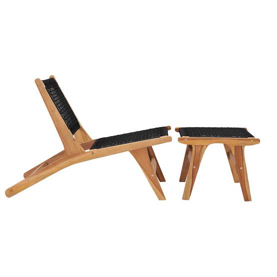 Chaise longue | Transat | Bain de soleil avec repose-pied Bois de teck solide et corde - Image 1