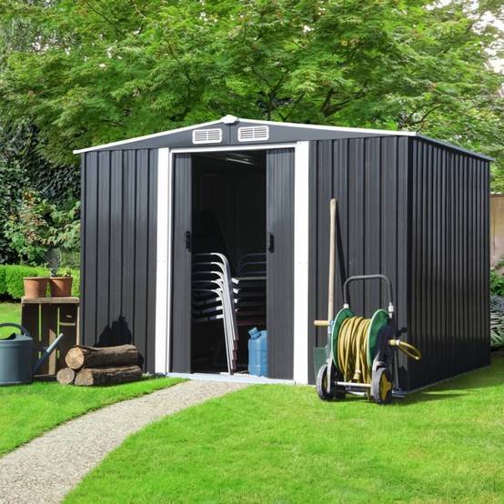 Abri de jardin acier galvanisé 4,77 m² gris anthracite avec double porte coulissante – Terre Jardin - Image 1