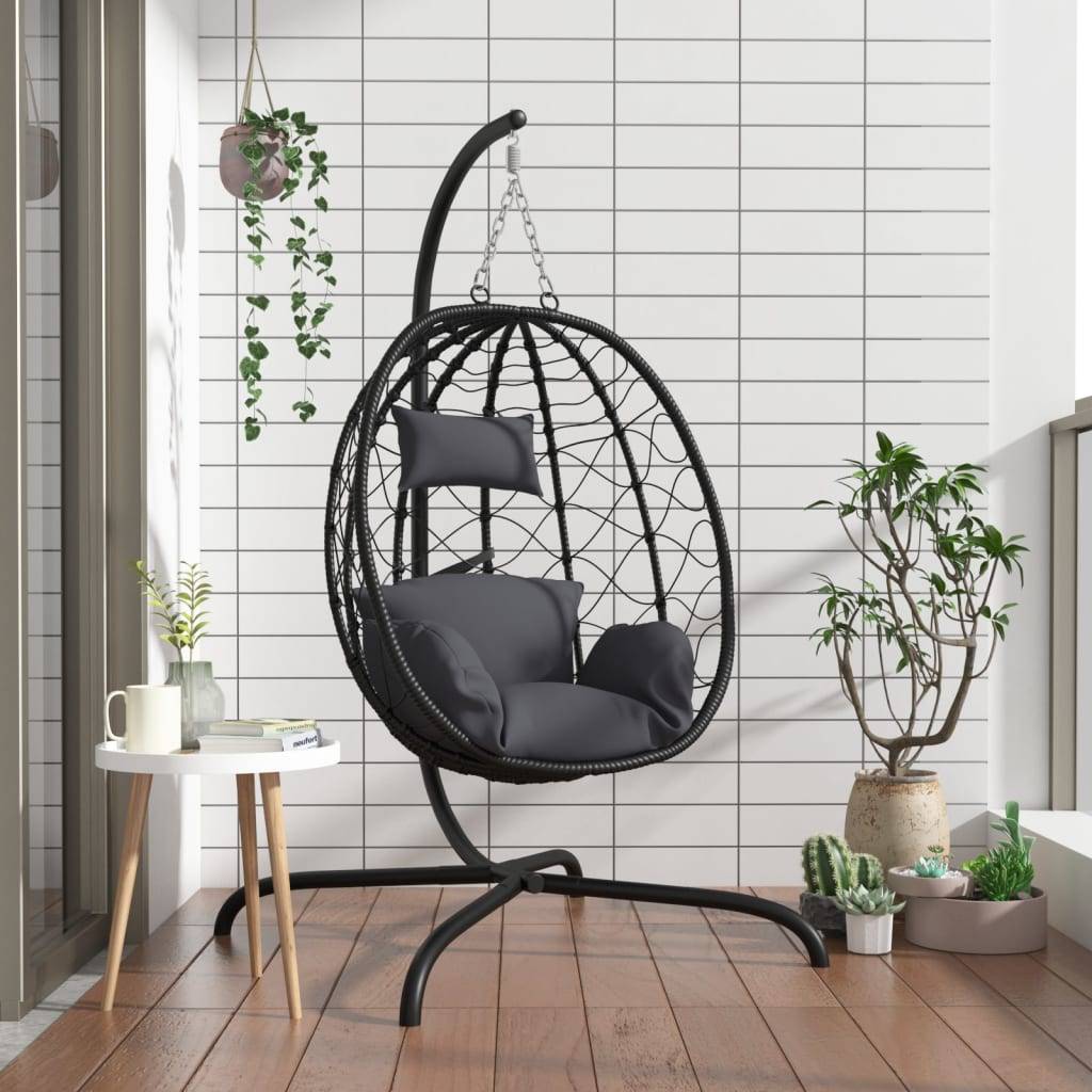 Fauteuil Œuf Suspendu sur Pied en Résine Tressée et Acier avec Coussins Épais pour Salon Intérieur Extérieur Anthracite – ComfortXL Outdoor Living - Image 1