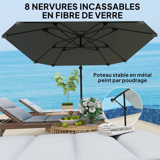 Parasol déporté 3 m, parasol de jardin extérieur Inclinable, Basemanivelle - Polyester Gris foncé fr300 - Image 6