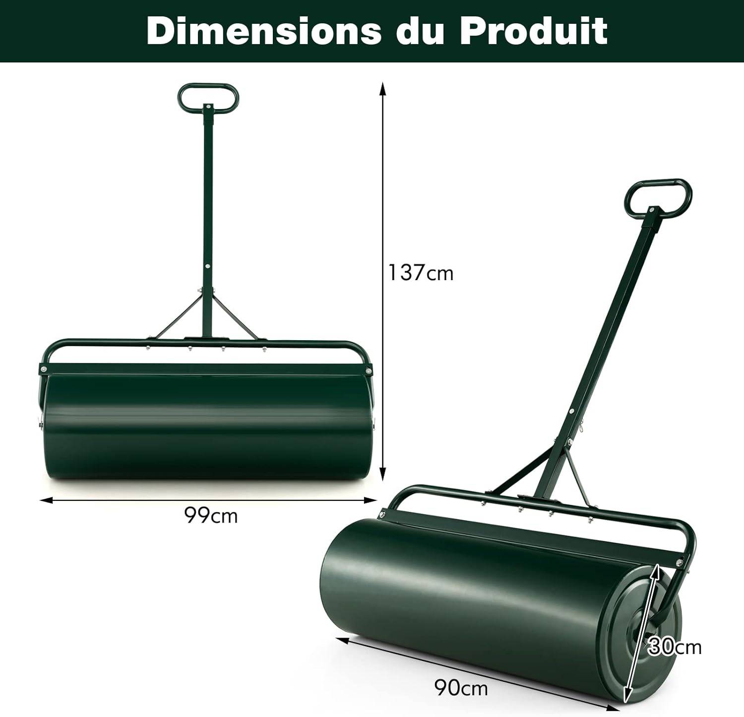 Rouleau à Gazon de Jardin en Métal avec Poignée Détachable, Rempli d'eau/Sable 63L- Ø 30 CM (Vert) - Image 2