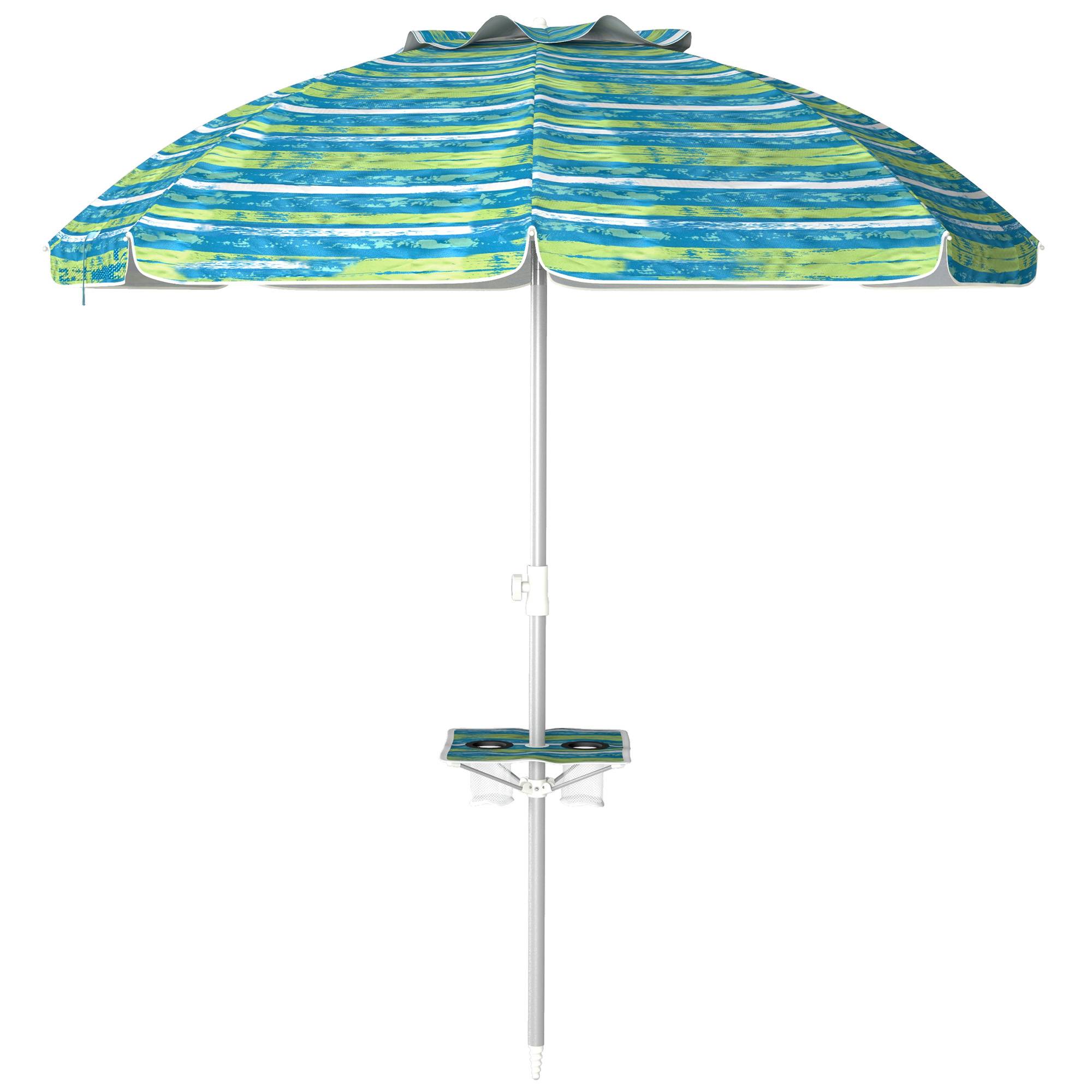 Parasol de plage inclinable rond Ø 190 cm - table avec porte-gobelet - 190x190x215cm bleu fr288 - Image 2