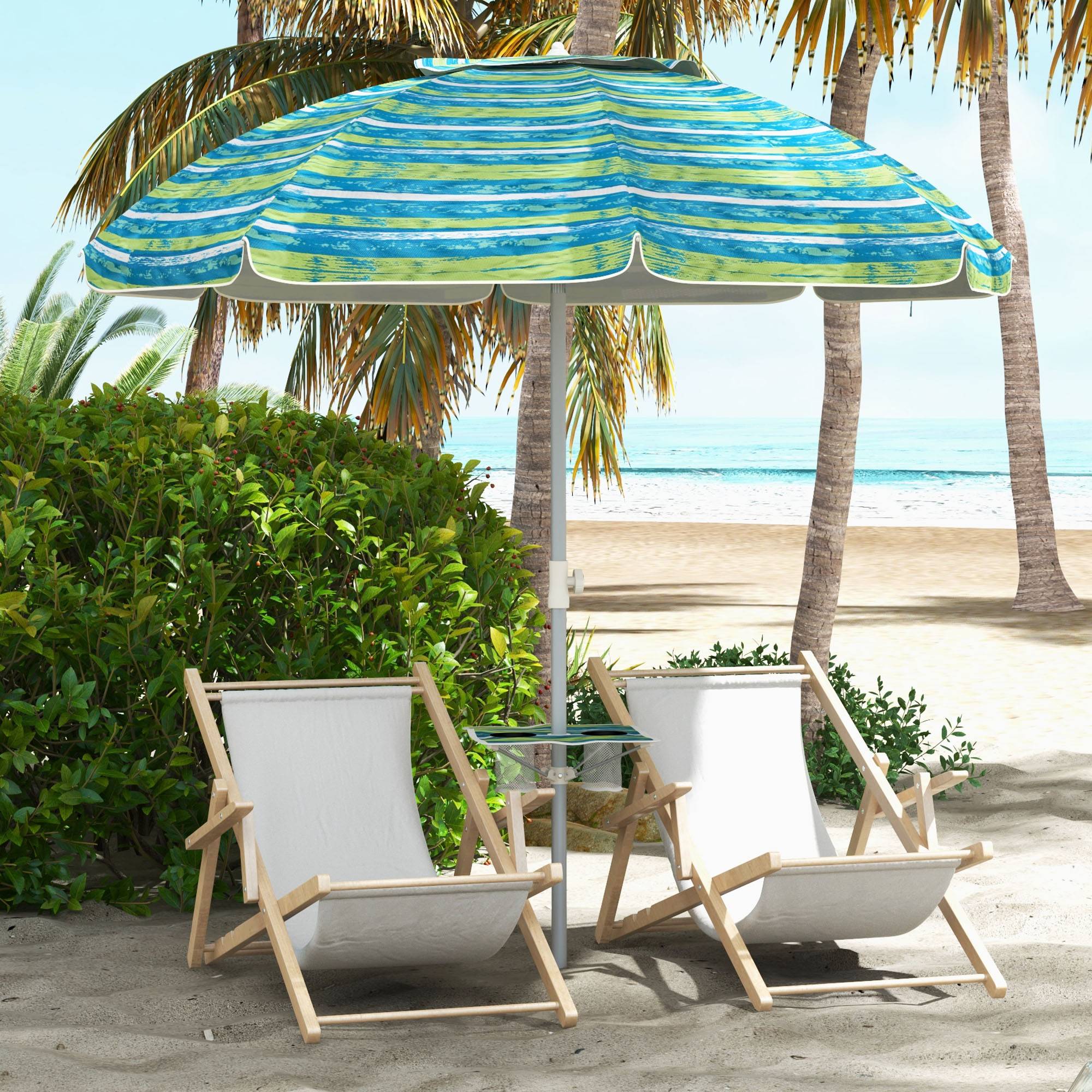 Parasol de plage inclinable rond Ø 190 cm - table avec porte-gobelet - 190x190x215cm bleu fr288 - Image 4