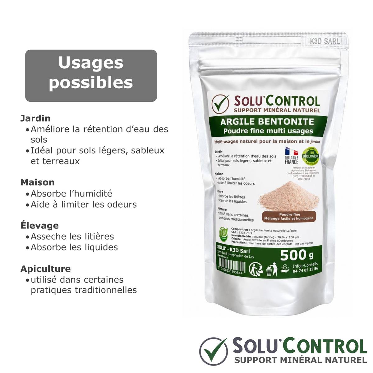 Tout pour les nuisibles - Argile Bentonite Naturelle en Poudre 500 g SOLU'CONTROL – Fort Pouvoir Absorbant – Rétention d'Eau – Jardin, Terreau, Sols Sableux, Humidité - Image 2
