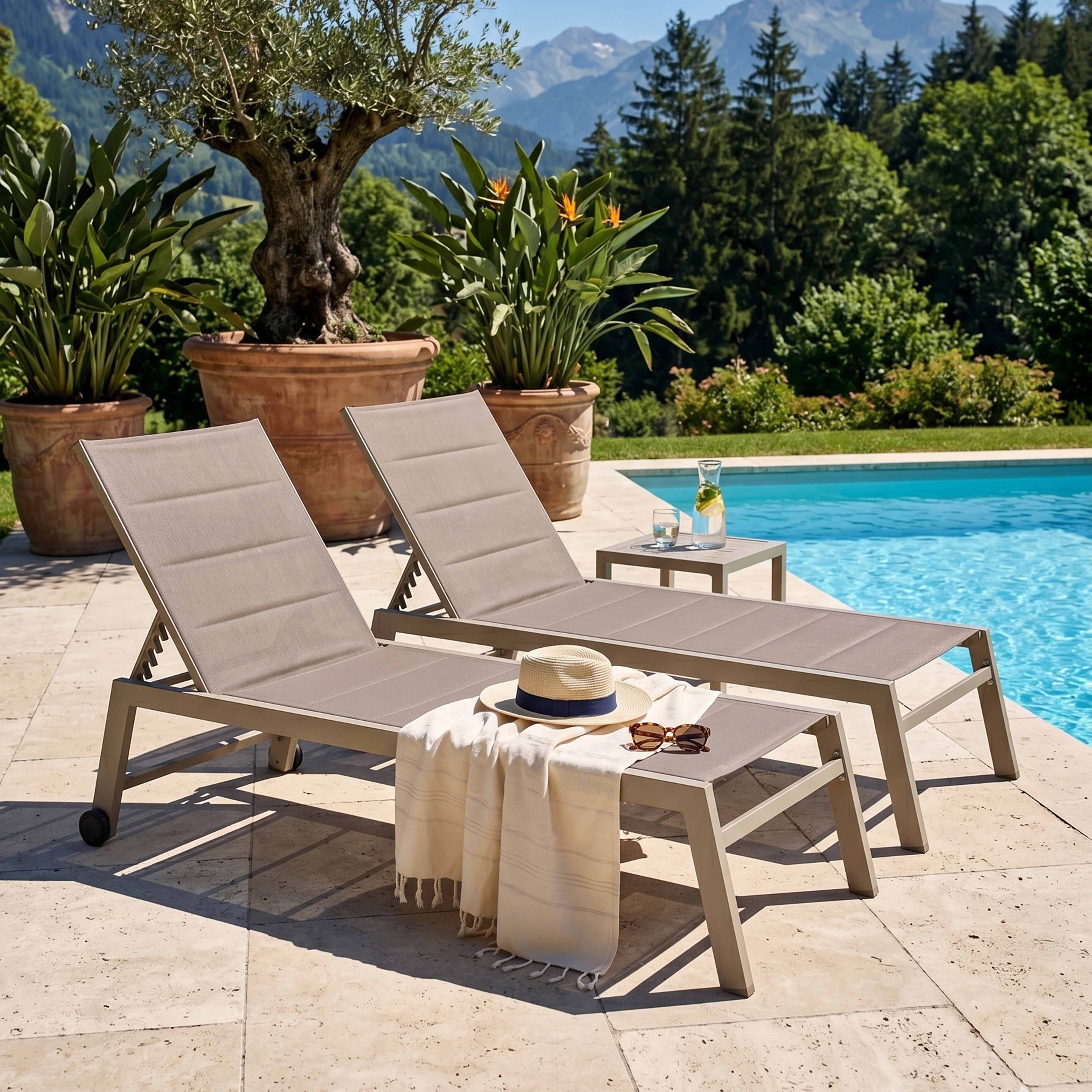 Oviala - Lot de 2 bains de soleil en aluminium et textilène taupe Nouméa - Oviala - Image 2