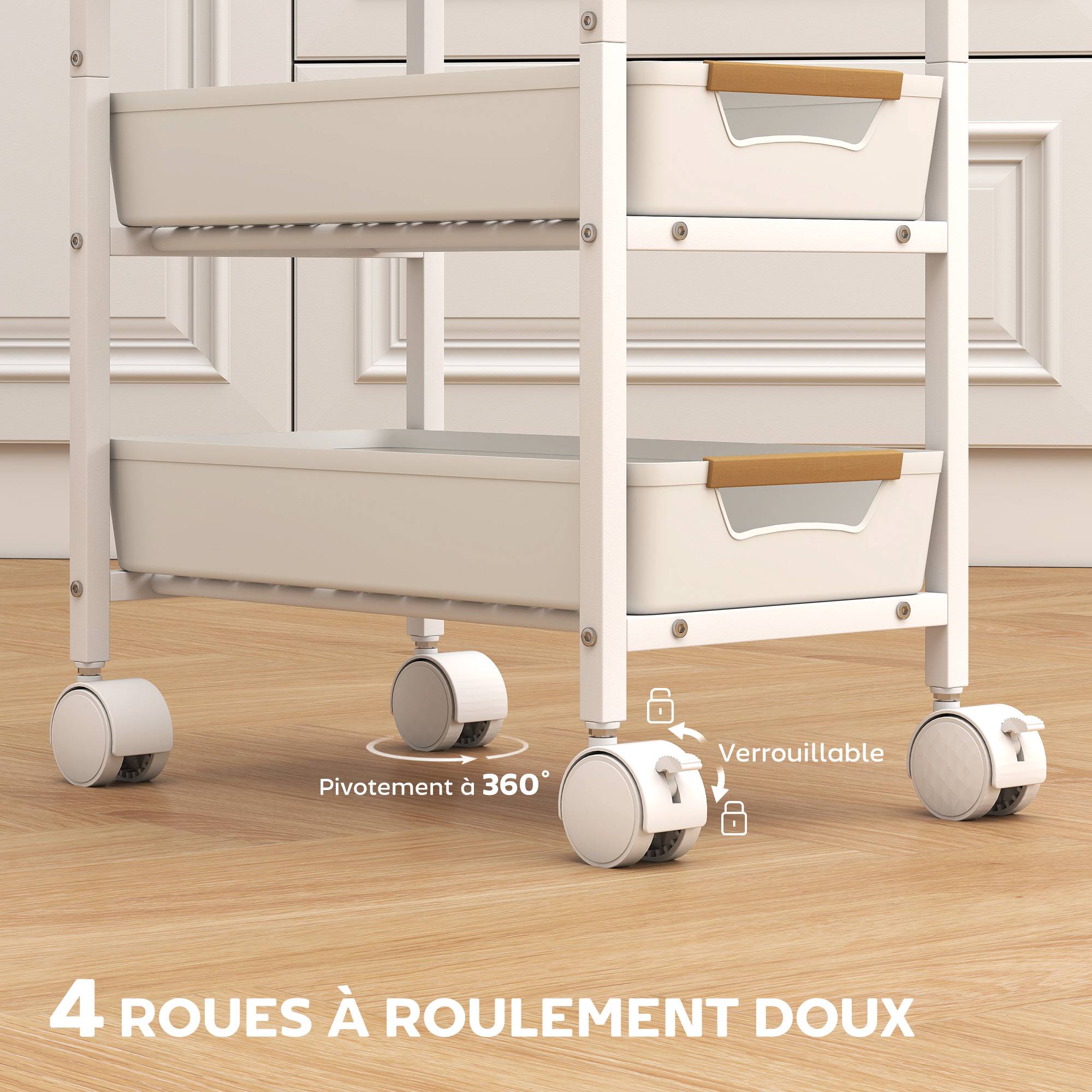 Desserte cuisine, chariot de rangement à roulettes 5 niveaux avec 4 tiroirs coulissants, étagère de rangement, blanc - Image 6
