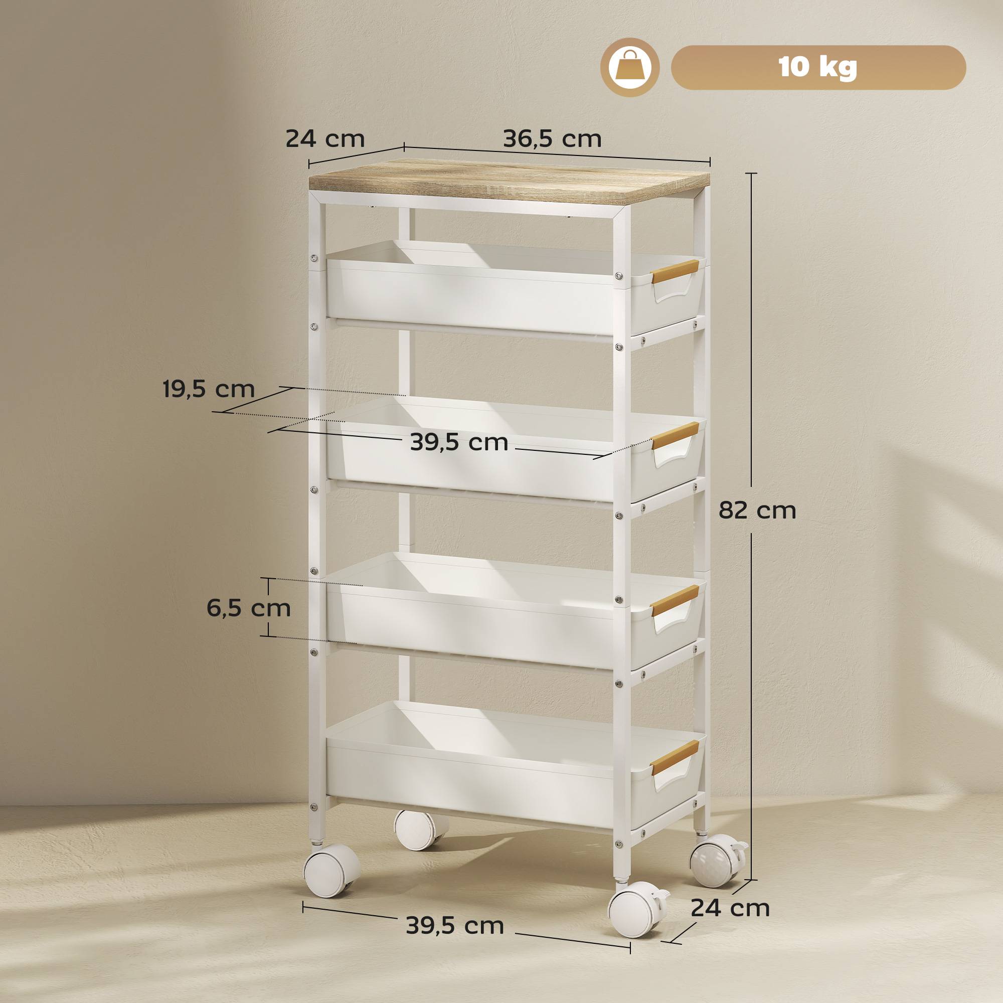 Desserte cuisine, chariot de rangement à roulettes 5 niveaux avec 4 tiroirs coulissants, étagère de rangement, blanc - Image 4