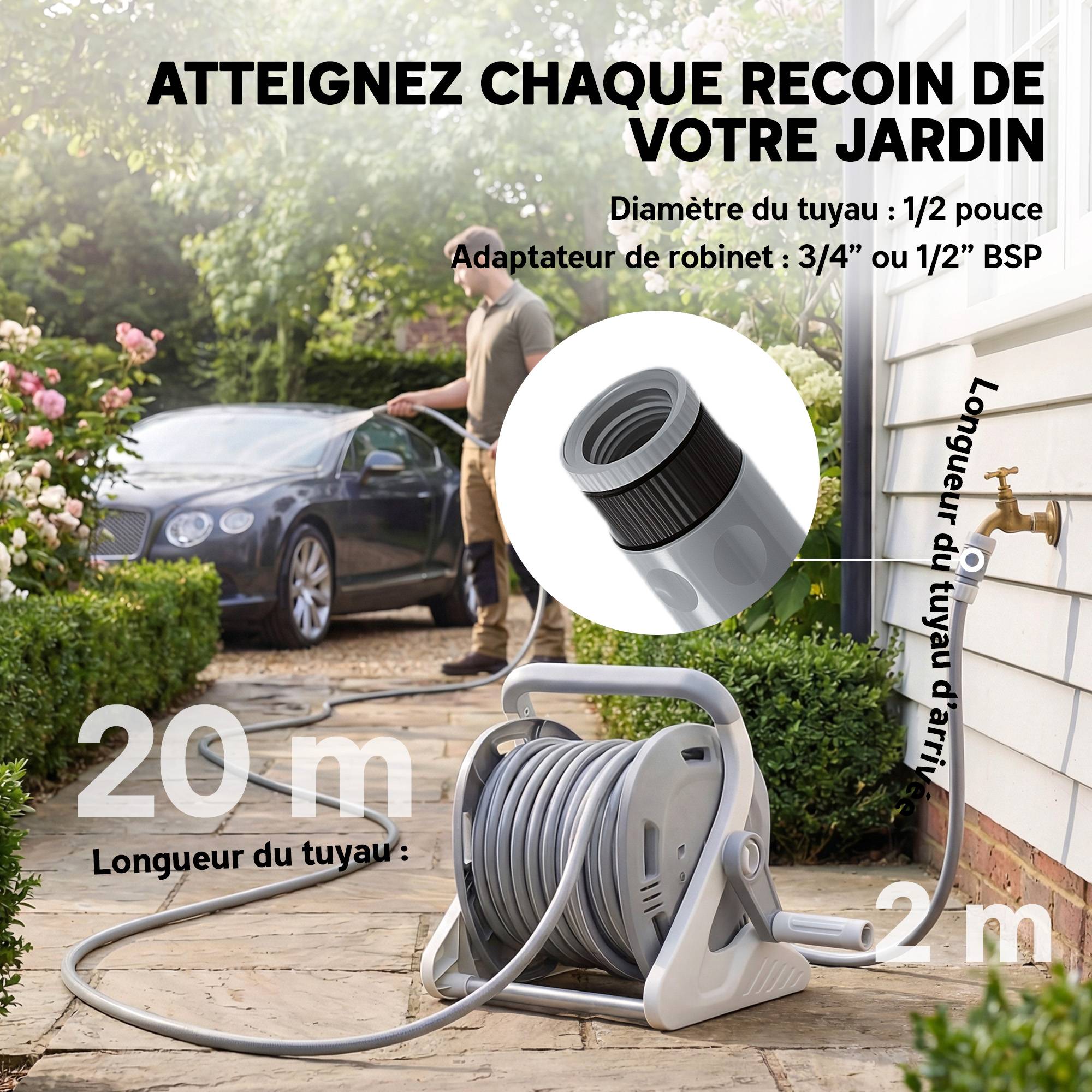 Enrouleur Tuyau Arrosage Mural 20+2 m x Ø 15 mm, Dévidoir de Tuyaux d'Eau Portable, Buse à 2 Modes, Gris - Image 7