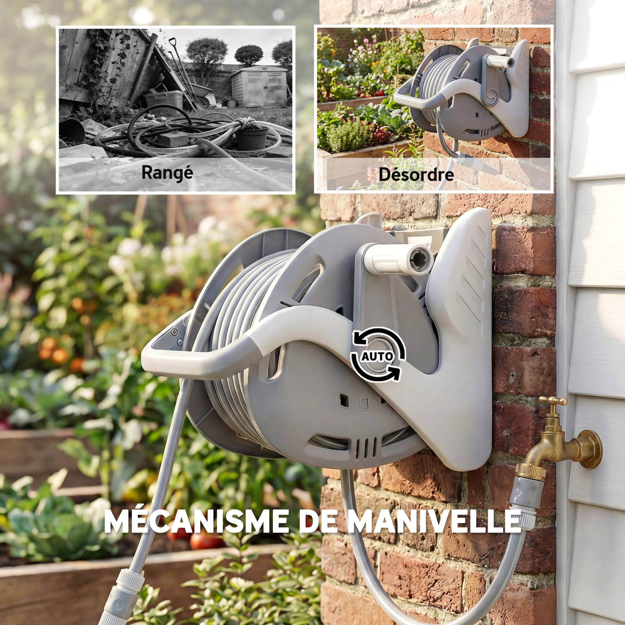 Enrouleur Tuyau Arrosage Mural 20+2 m x Ø 15 mm, Dévidoir de Tuyaux d'Eau Portable, Buse à 2 Modes, Gris - Image 10