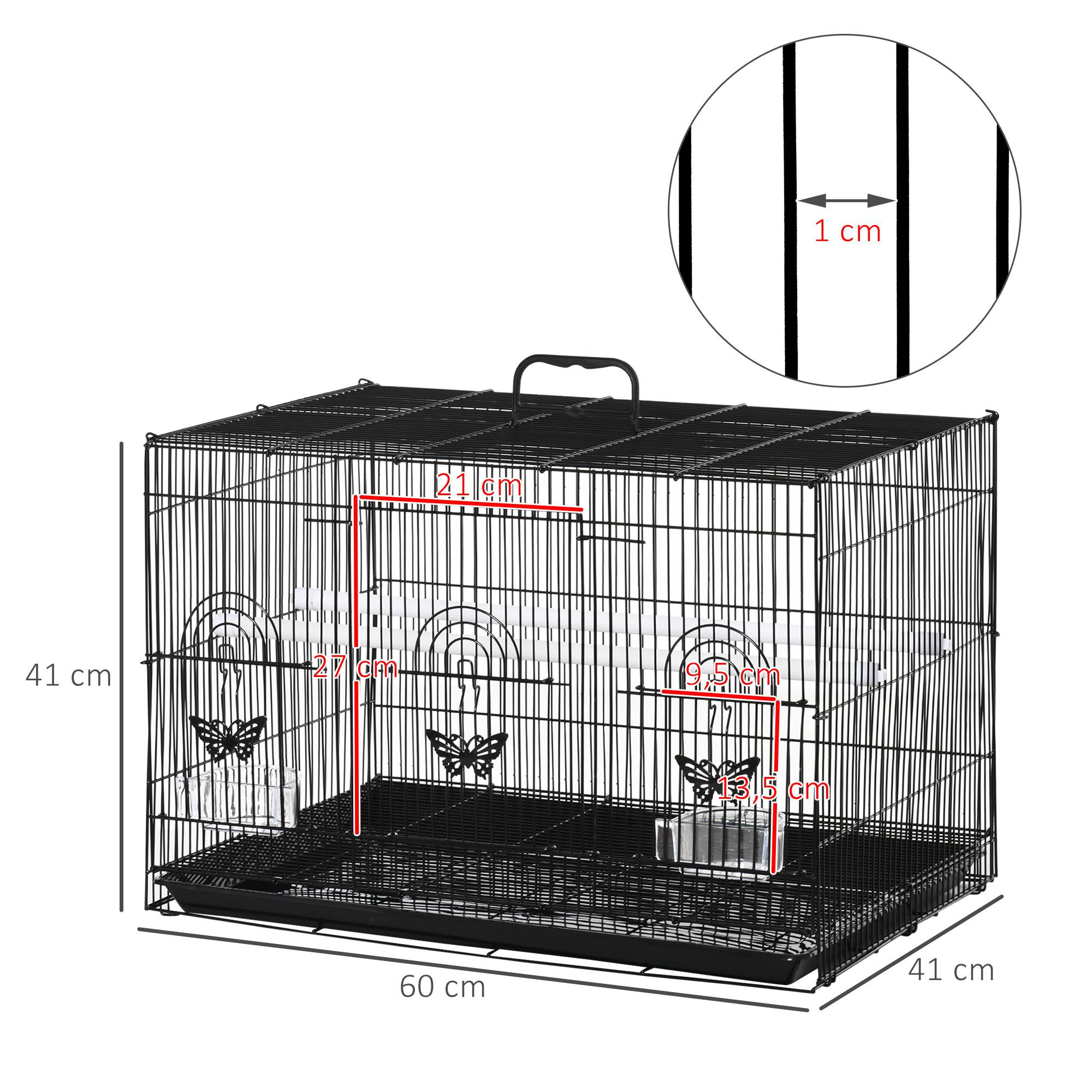 Cage pour oiseaux 60x41x41 cm en métal avec mangeoires, 2 perchoirs, 3 portes et poignée de transport pour petits oiseaux (canaris, cotorras) noire - Image 5