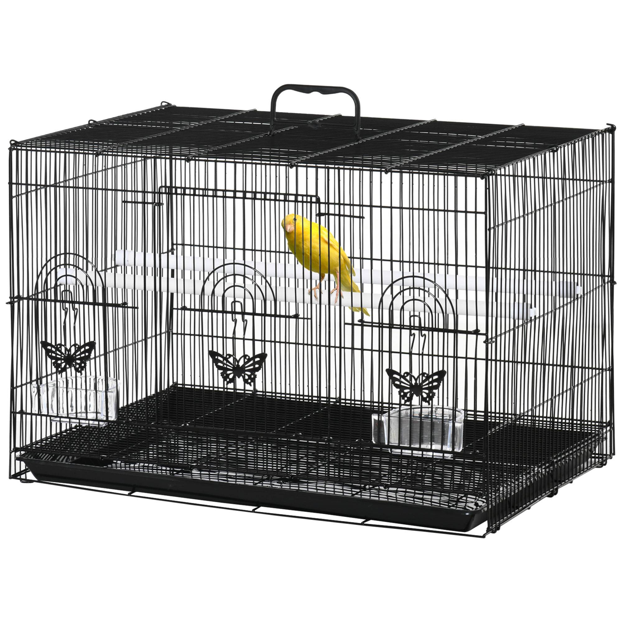 Cage pour oiseaux 60x41x41 cm en métal avec mangeoires, 2 perchoirs, 3 portes et poignée de transport pour petits oiseaux (canaris, cotorras) noire - Image 2