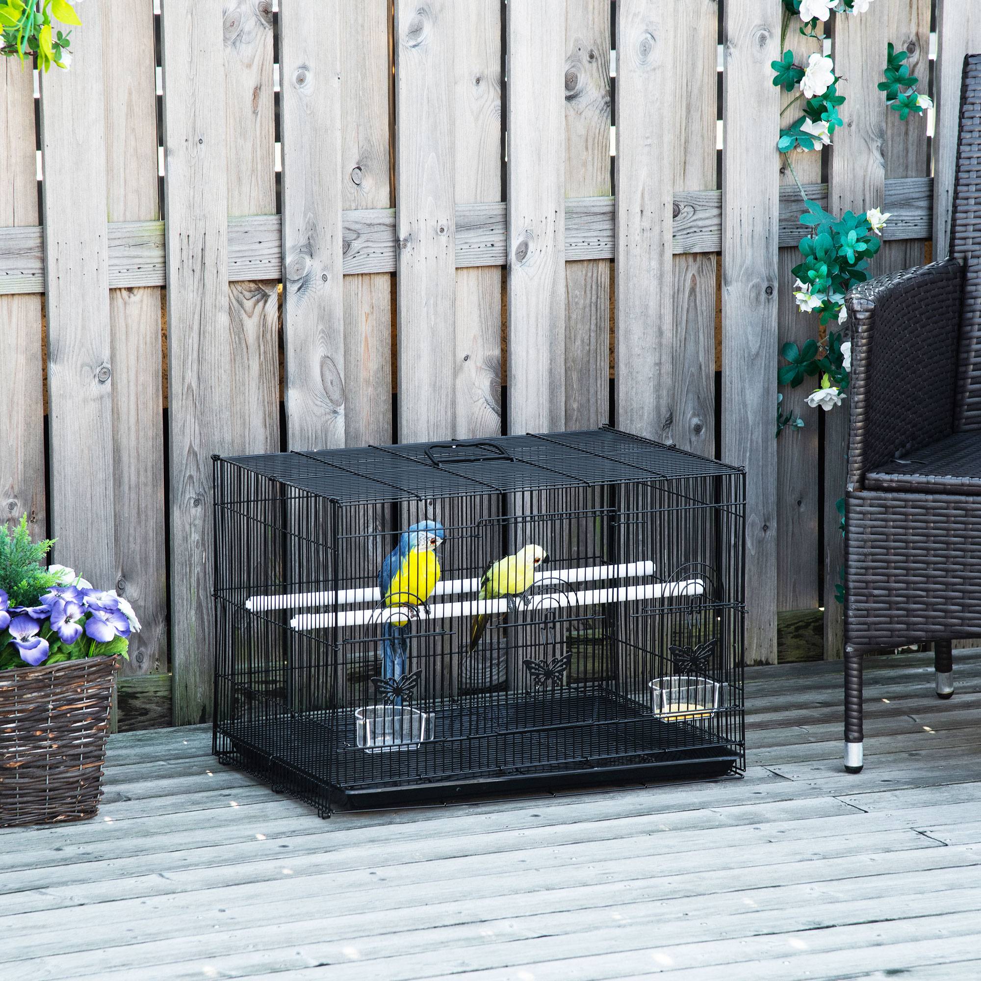 Cage pour oiseaux 60x41x41 cm en métal avec mangeoires, 2 perchoirs, 3 portes et poignée de transport pour petits oiseaux (canaris, cotorras) noire - Image 4