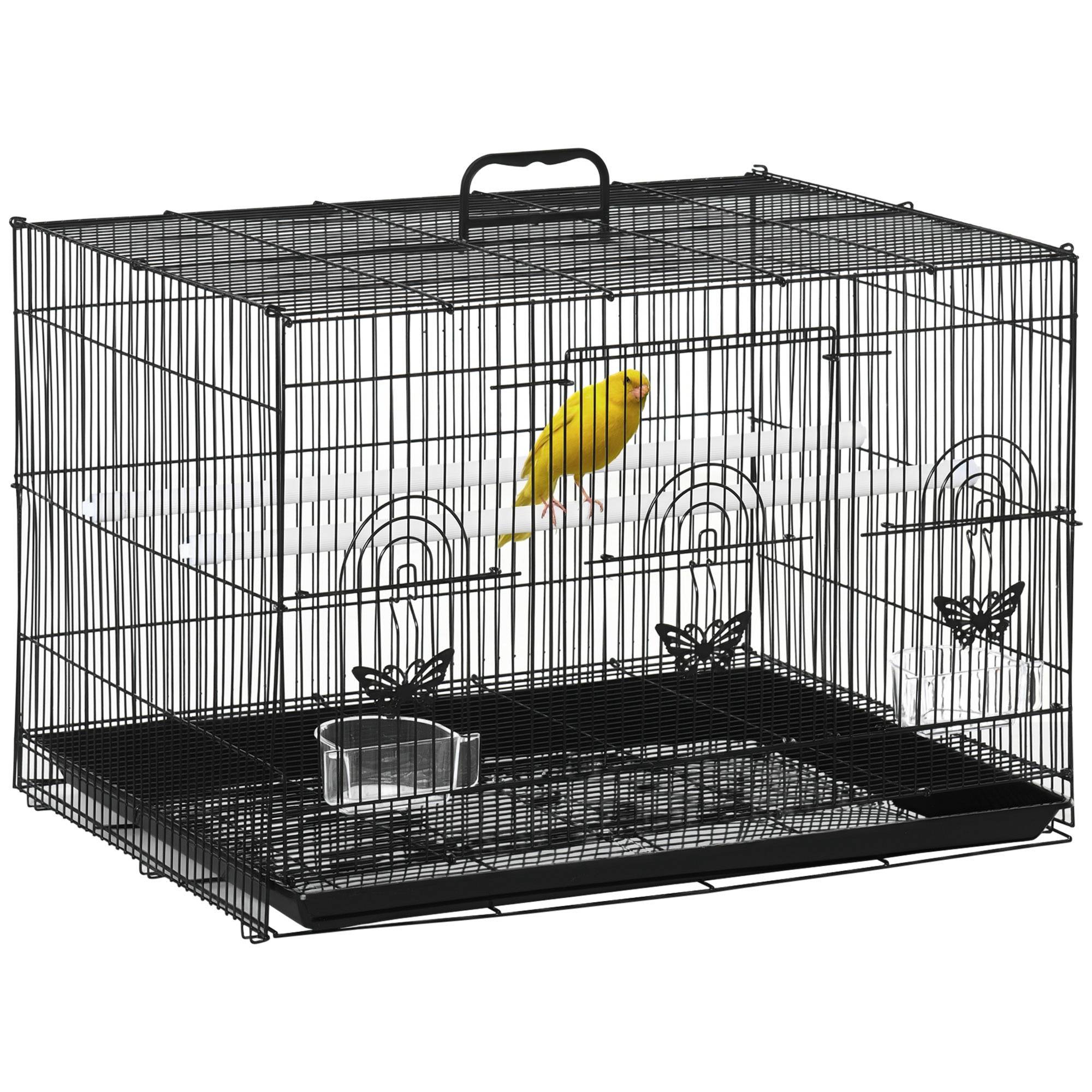 Cage pour oiseaux 60x41x41 cm en métal avec mangeoires, 2 perchoirs, 3 portes et poignée de transport pour petits oiseaux (canaris, cotorras) noire - Image 1