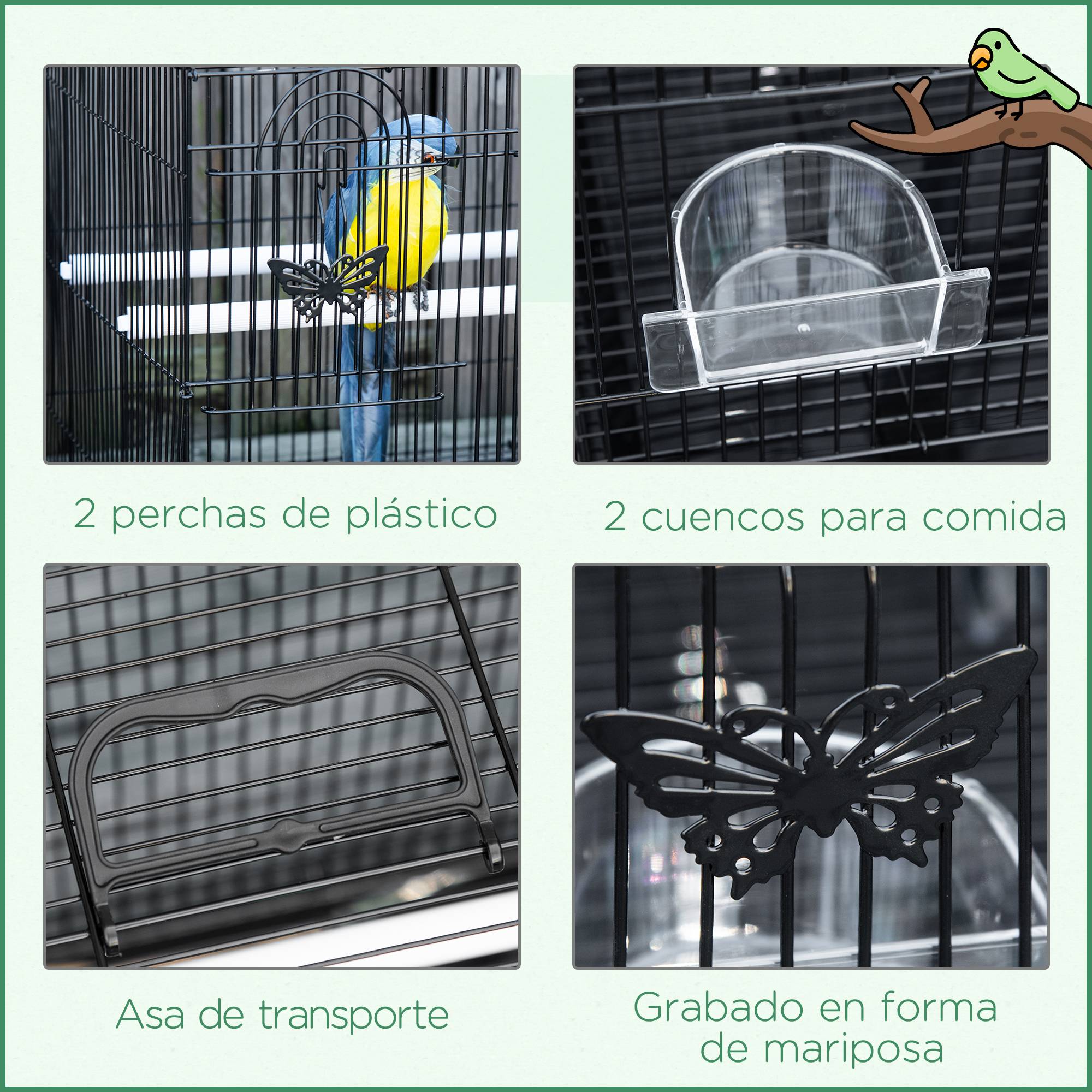 Cage pour oiseaux 60x41x41 cm en métal avec mangeoires, 2 perchoirs, 3 portes et poignée de transport pour petits oiseaux (canaris, cotorras) noire - Image 8
