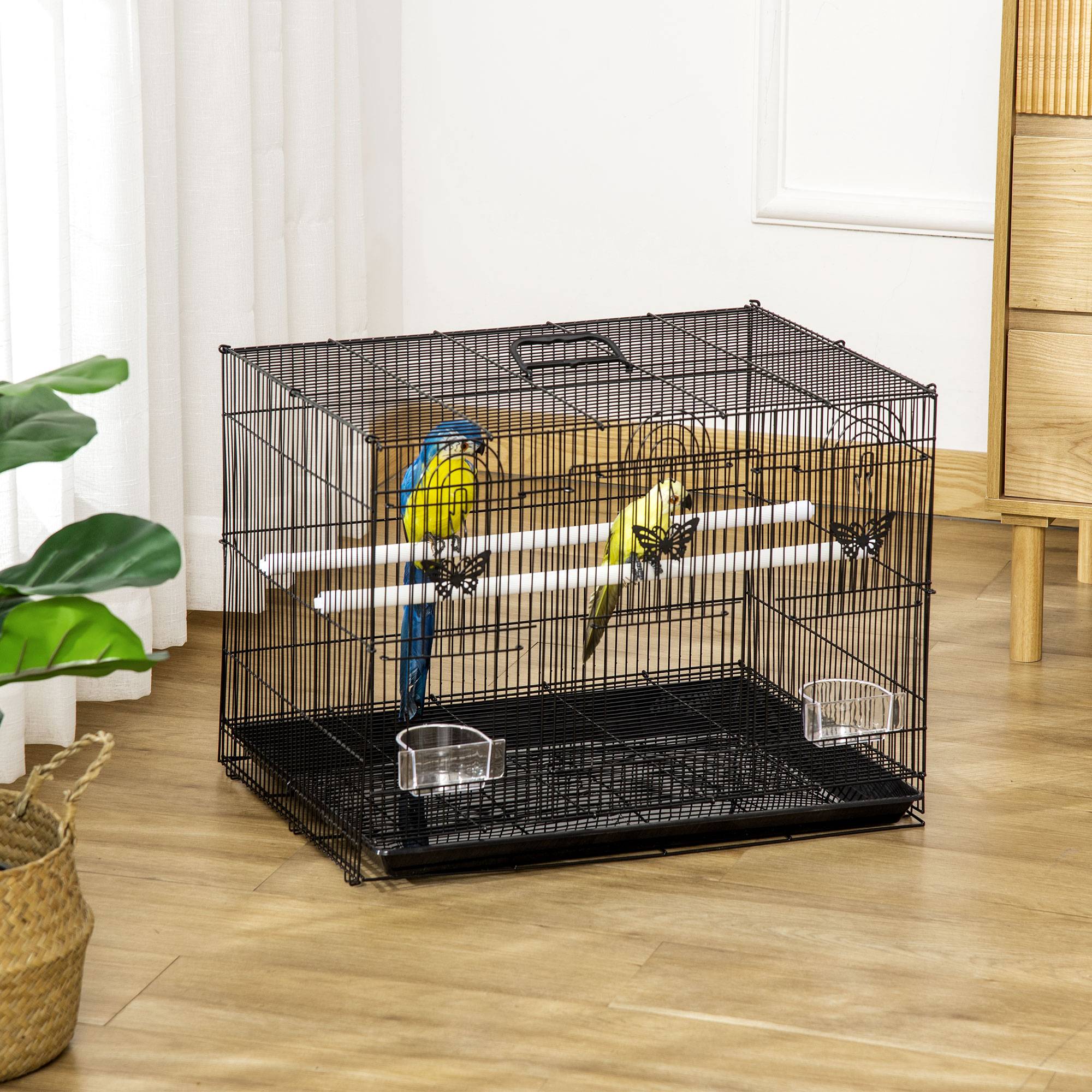 Cage pour oiseaux 60x41x41 cm en métal avec mangeoires, 2 perchoirs, 3 portes et poignée de transport pour petits oiseaux (canaris, cotorras) noire - Image 3