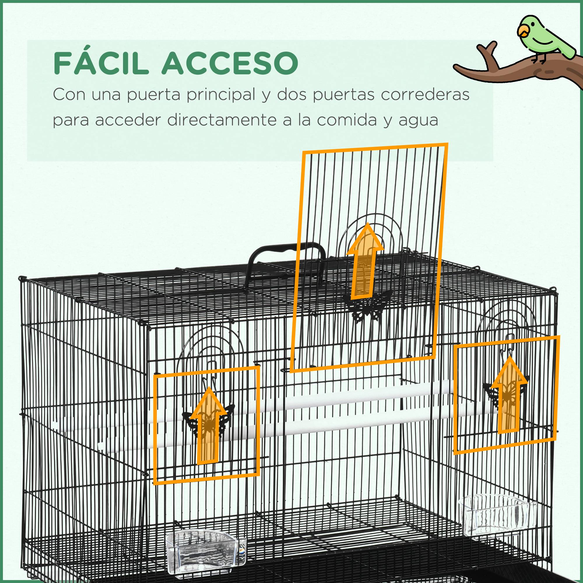 Cage pour oiseaux 60x41x41 cm en métal avec mangeoires, 2 perchoirs, 3 portes et poignée de transport pour petits oiseaux (canaris, cotorras) noire - Image 6