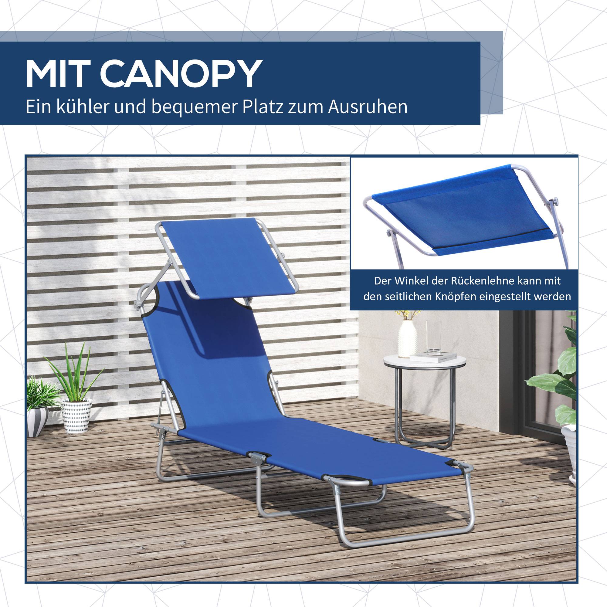 Transat avec pare-soleil, pliable, dossier réglable, structure en métal, 187 x 58 x 36 cm, bleu - Image 8