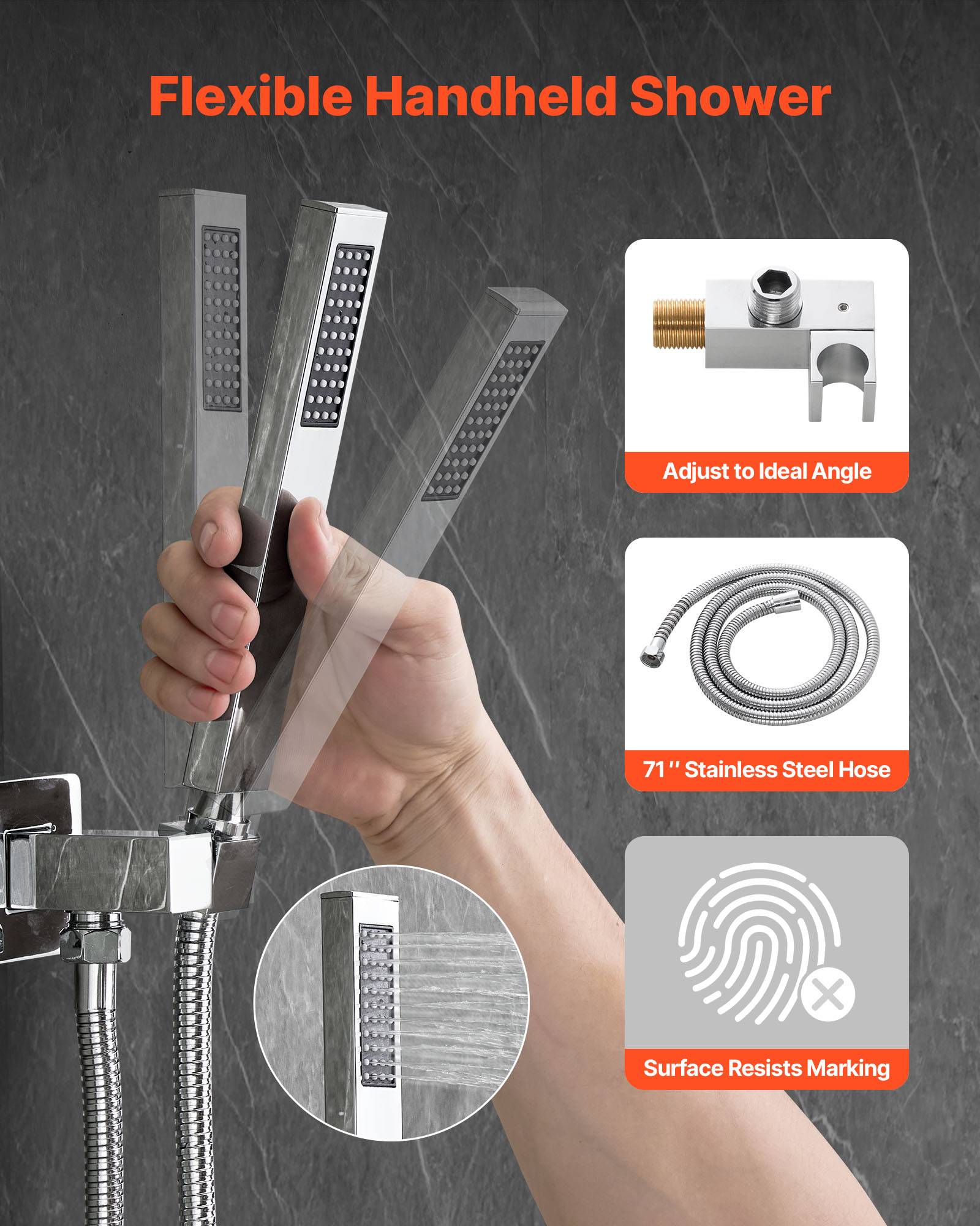 VEVOR Kit de Douche avec Douchette de Tête Carrée 30,5cm et à Main Argent Chromé - Image 3
