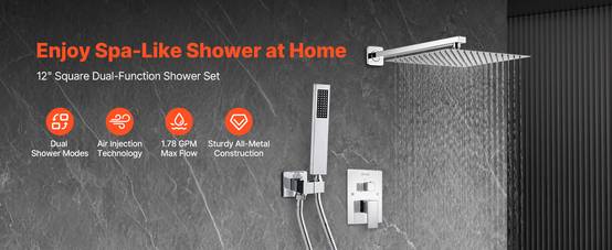 VEVOR Kit de Douche avec Douchette de Tête Carrée 30,5cm et à Main Argent Chromé - Image 9