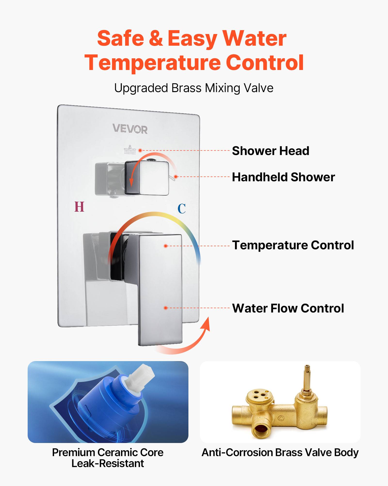 VEVOR Kit de Douche avec Douchette de Tête Carrée 30,5cm et à Main Argent Chromé - Image 5