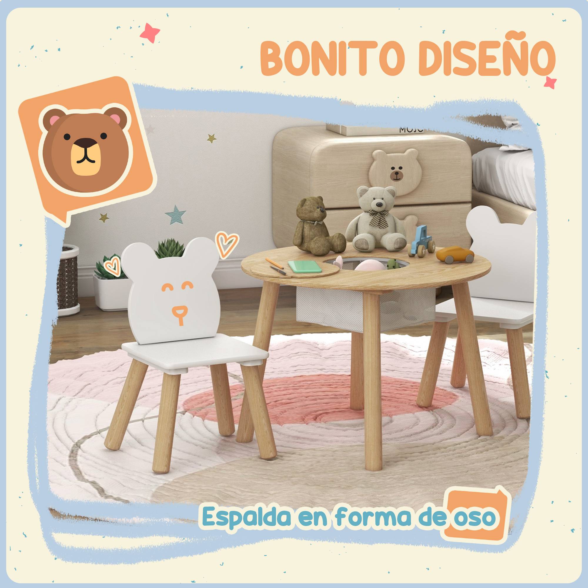 Ensemble table et 2 chaises enfant bois dossier ours avec rangement, pour enfants 3-6 ans - Image 6