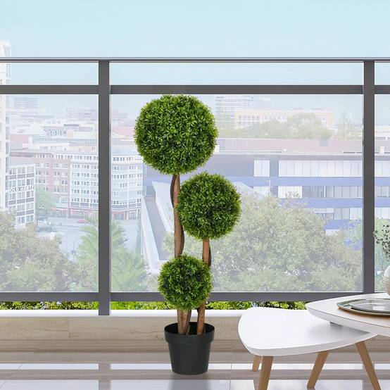 Arbre artificiel buis avec 3 boules feuilles de bambou pot inclus intérieur et extérieur hauteur 110 cm - Image 3