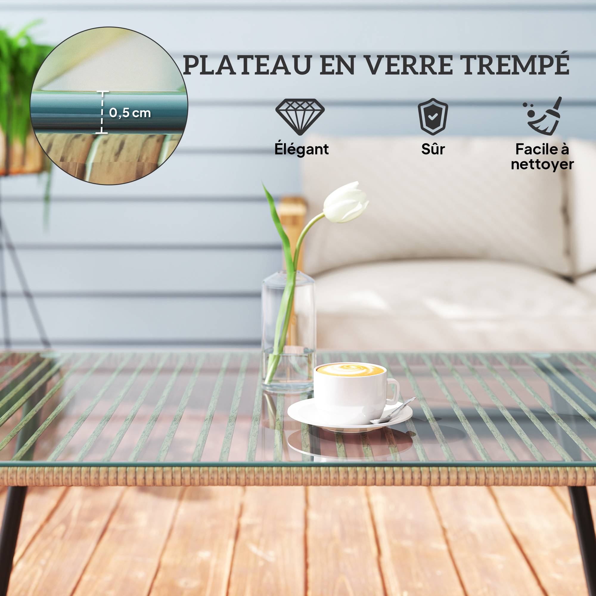 Outsunny - Table basse de jardin avec plateau verre trempé 5 mm - cadre en acier - 110 x 60 x 40 cm - effet bois naturel - Outsunny - Image 6