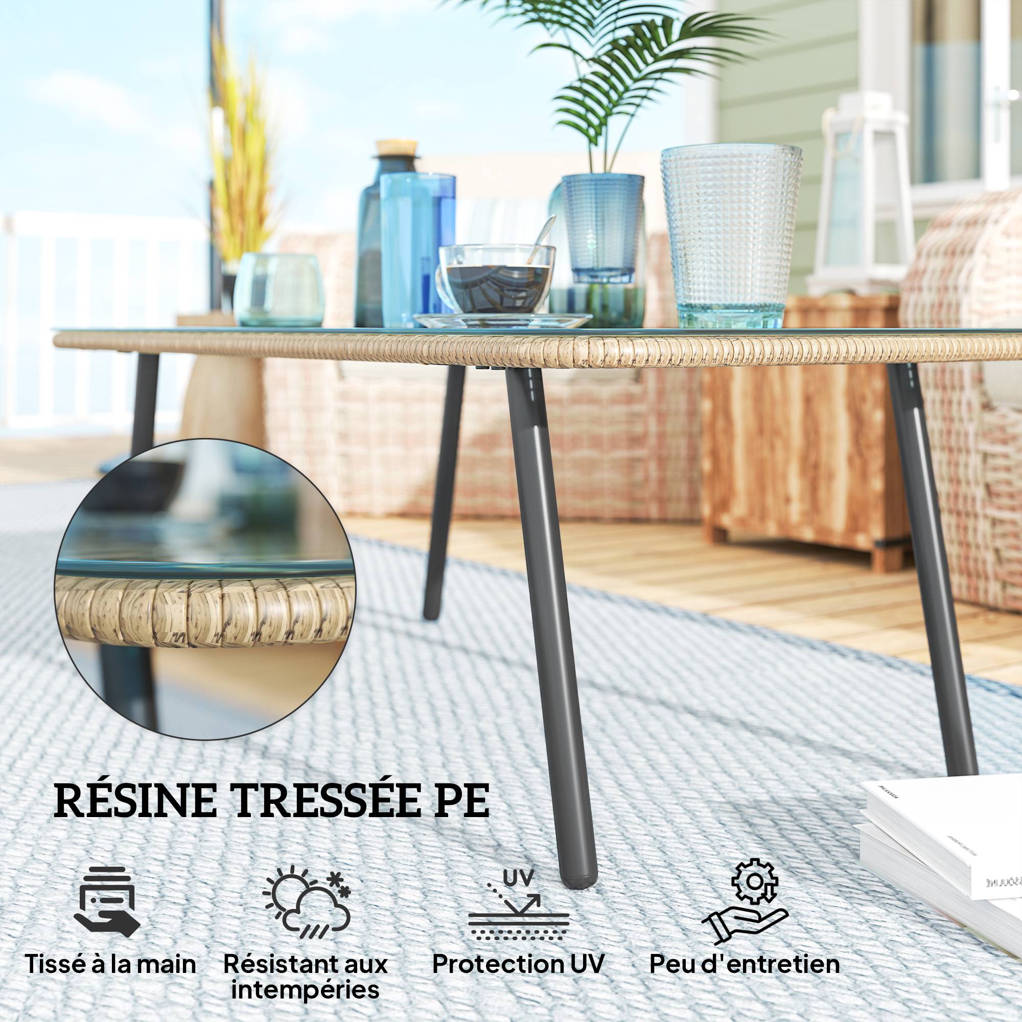 Outsunny - Table basse de jardin avec plateau verre trempé 5 mm - cadre en acier - 110 x 60 x 40 cm - effet bois naturel - Outsunny - Image 7