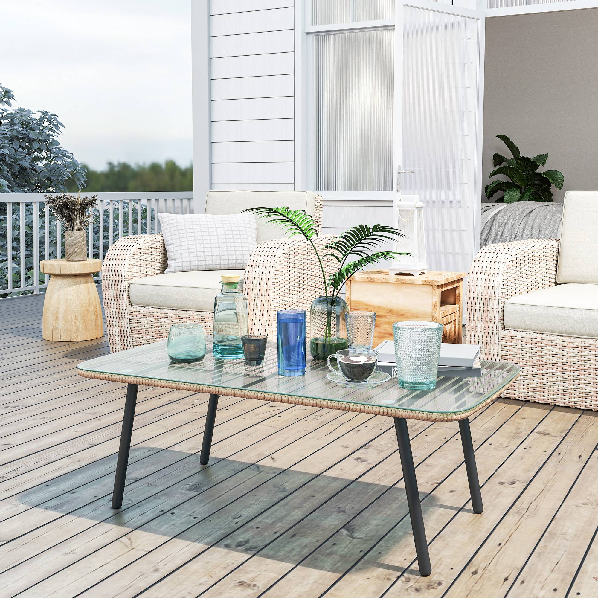 Outsunny - Table basse de jardin avec plateau verre trempé 5 mm - cadre en acier - 110 x 60 x 40 cm - effet bois naturel - Outsunny - Image 4