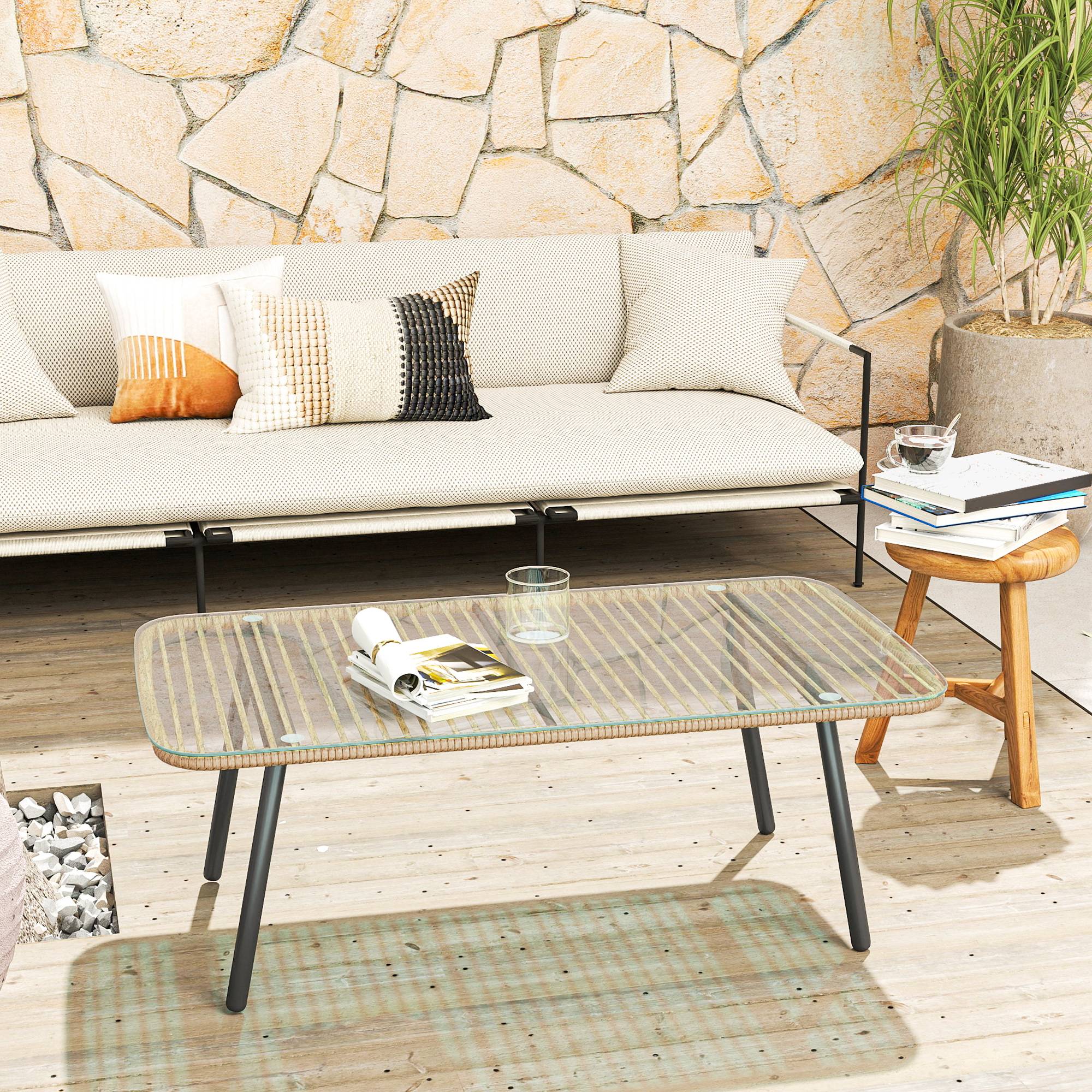 Outsunny - Table basse de jardin avec plateau verre trempé 5 mm - cadre en acier - 110 x 60 x 40 cm - effet bois naturel - Outsunny - Image 2