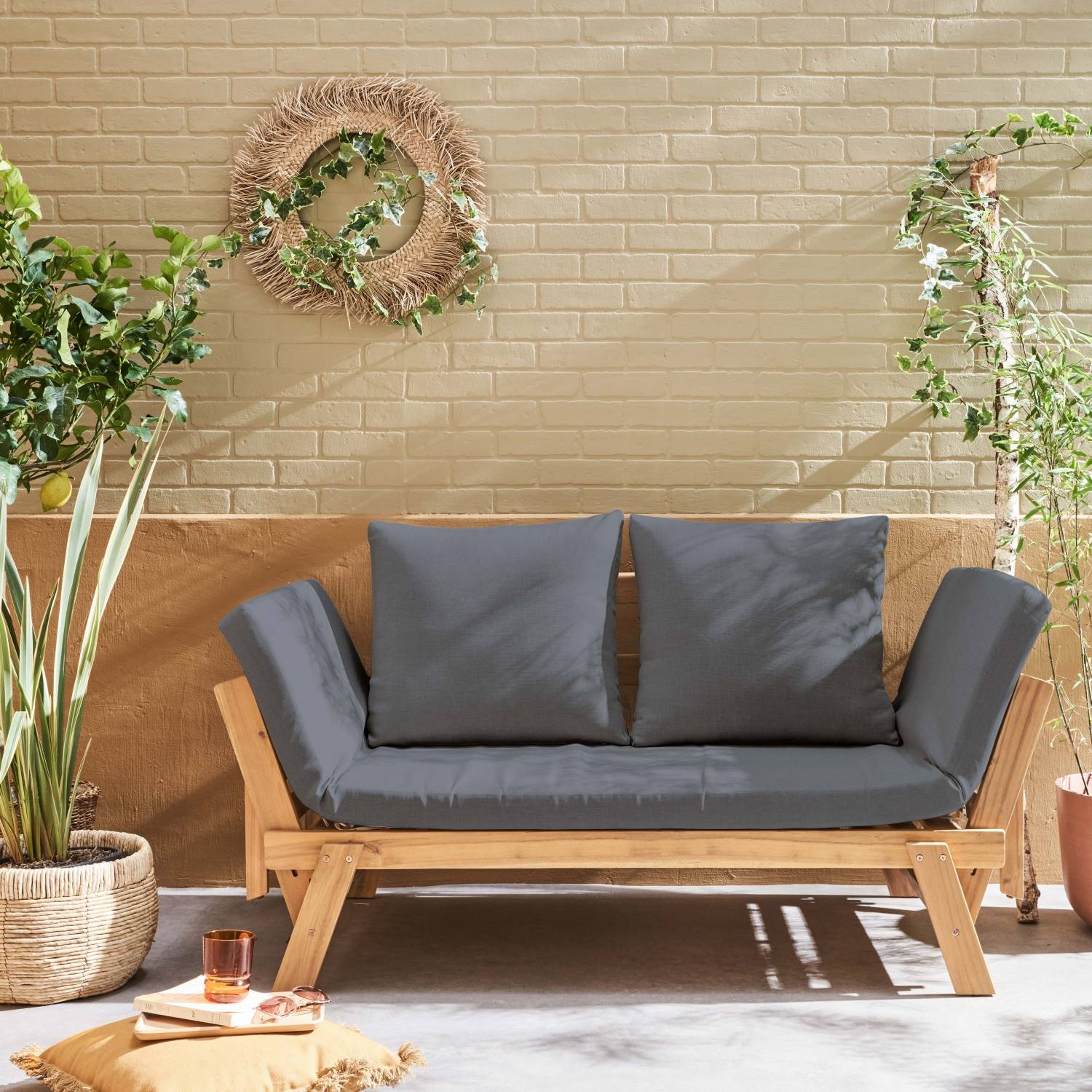 Banquette de jardin grise 2/3 places Jalance. accoudoirs modulables 155/200x72x74.5cm | sweeek - Image 1