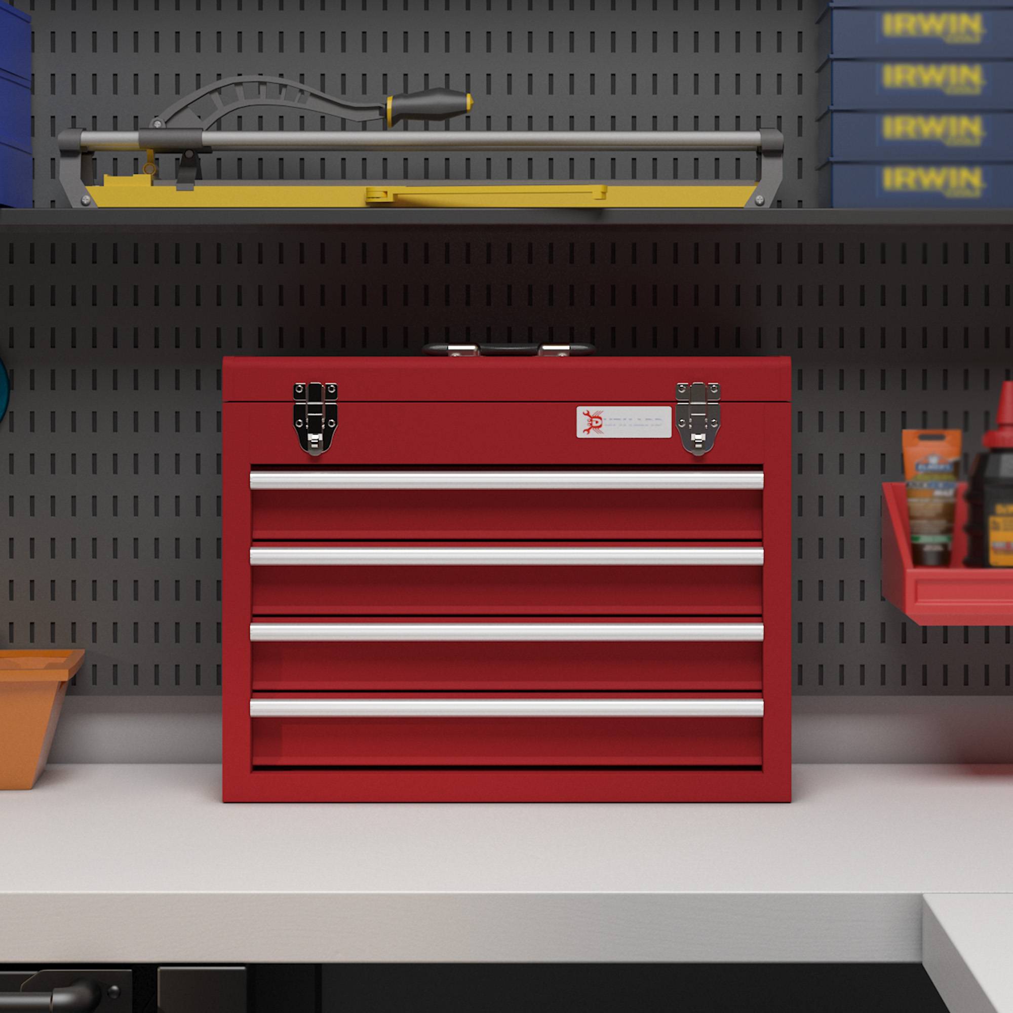 Sans Marque - Boîte à outils avec 4 tiroirs, compartiment de rangement supérieur, fixations en acier, poignée de transport, 51x22x39,5 cm, rouge - Image 8