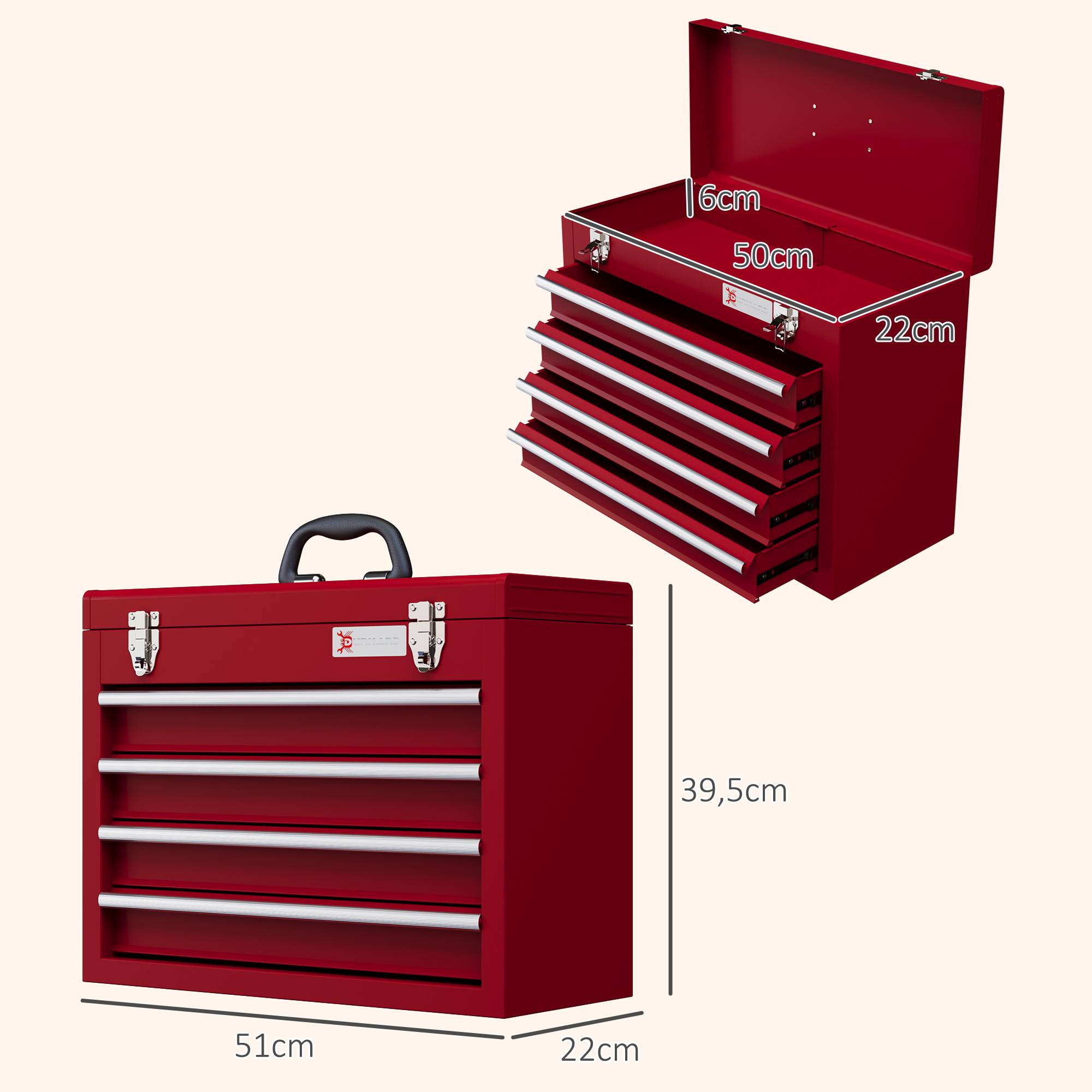 Sans Marque - Boîte à outils avec 4 tiroirs, compartiment de rangement supérieur, fixations en acier, poignée de transport, 51x22x39,5 cm, rouge - Image 5