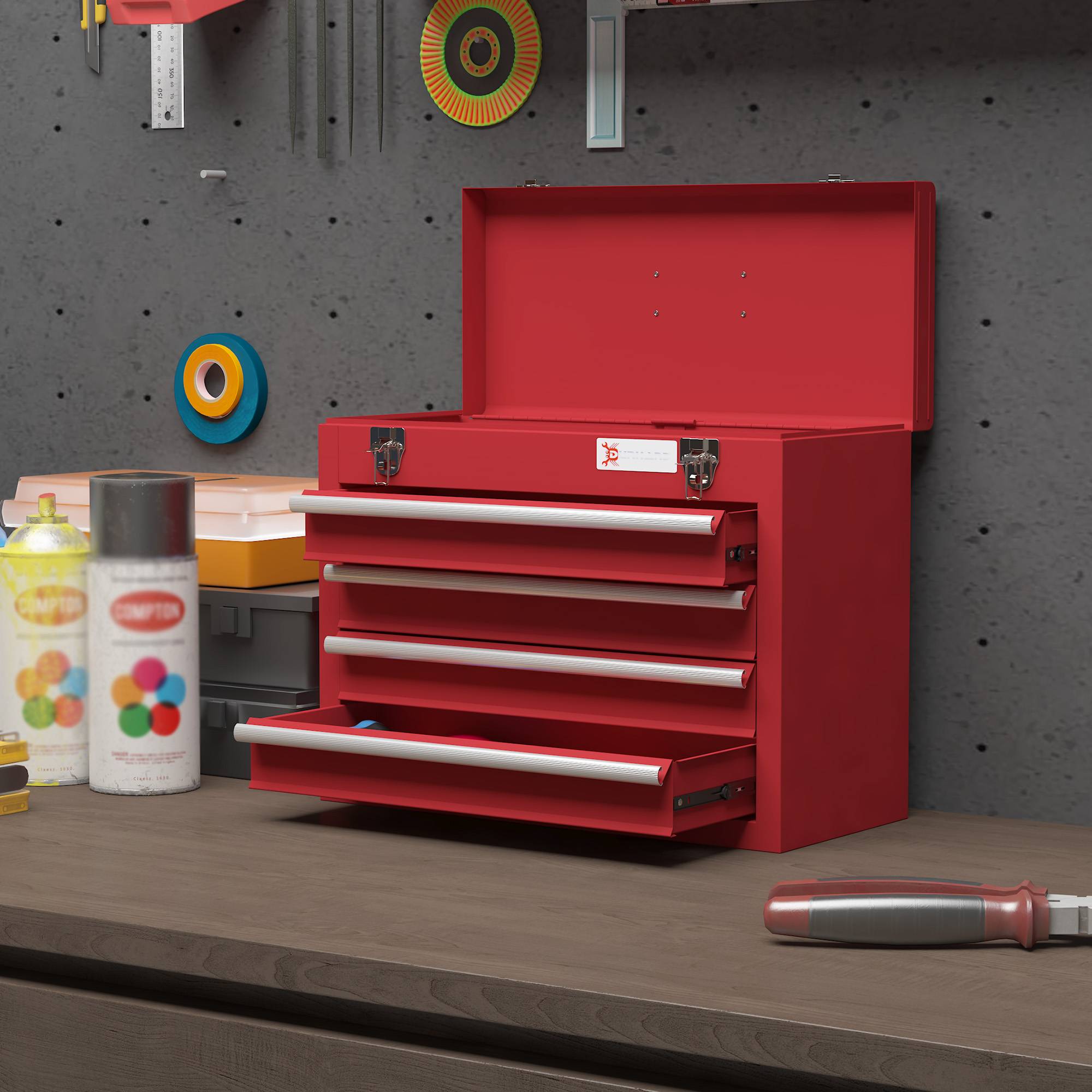 Sans Marque - Boîte à outils avec 4 tiroirs, compartiment de rangement supérieur, fixations en acier, poignée de transport, 51x22x39,5 cm, rouge - Image 9