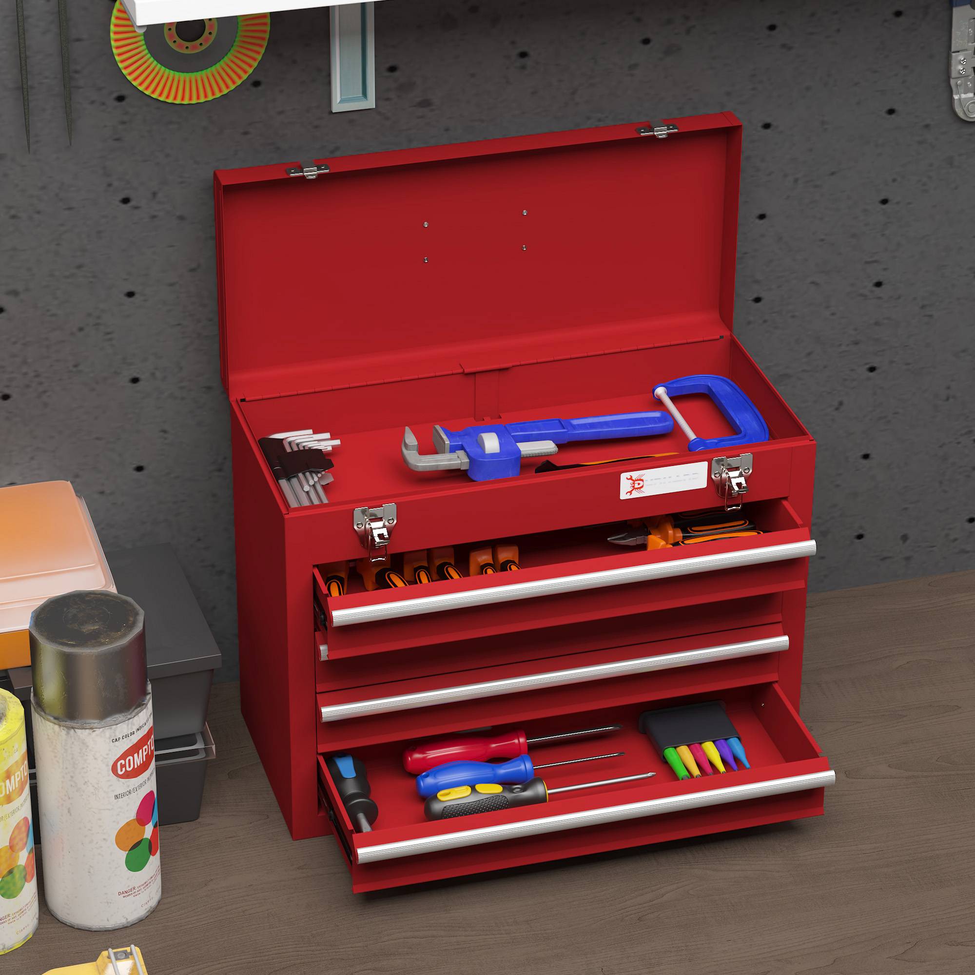 Sans Marque - Boîte à outils avec 4 tiroirs, compartiment de rangement supérieur, fixations en acier, poignée de transport, 51x22x39,5 cm, rouge - Image 4