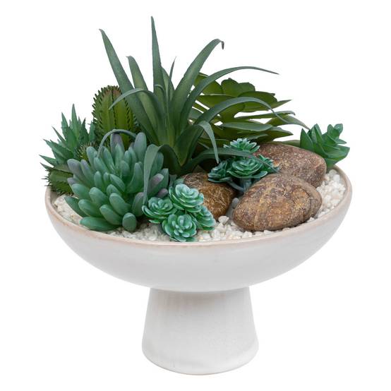 Compo Plantes grasses arificielles dans un pot en céramique émaillée D 19 x H 20 cm - Image 1