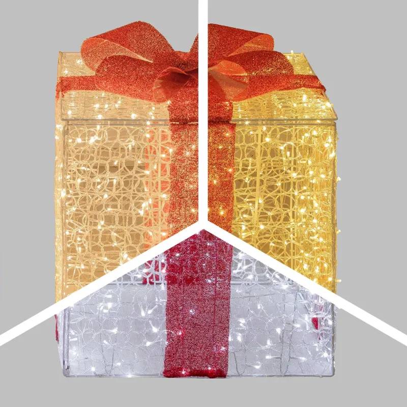 Lotti - Paquet Cadeau Lumineux 3D 65cm 550 LED Blanc Chaud Doré Nœud Rouge 9 Jeux Lumière IP44 Lotti - Image 1
