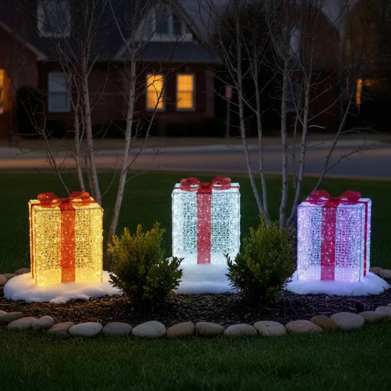 Lotti - Paquet Cadeau Lumineux 3D 65cm 550 LED Blanc Chaud Doré Nœud Rouge 9 Jeux Lumière IP44 Lotti - Image 3