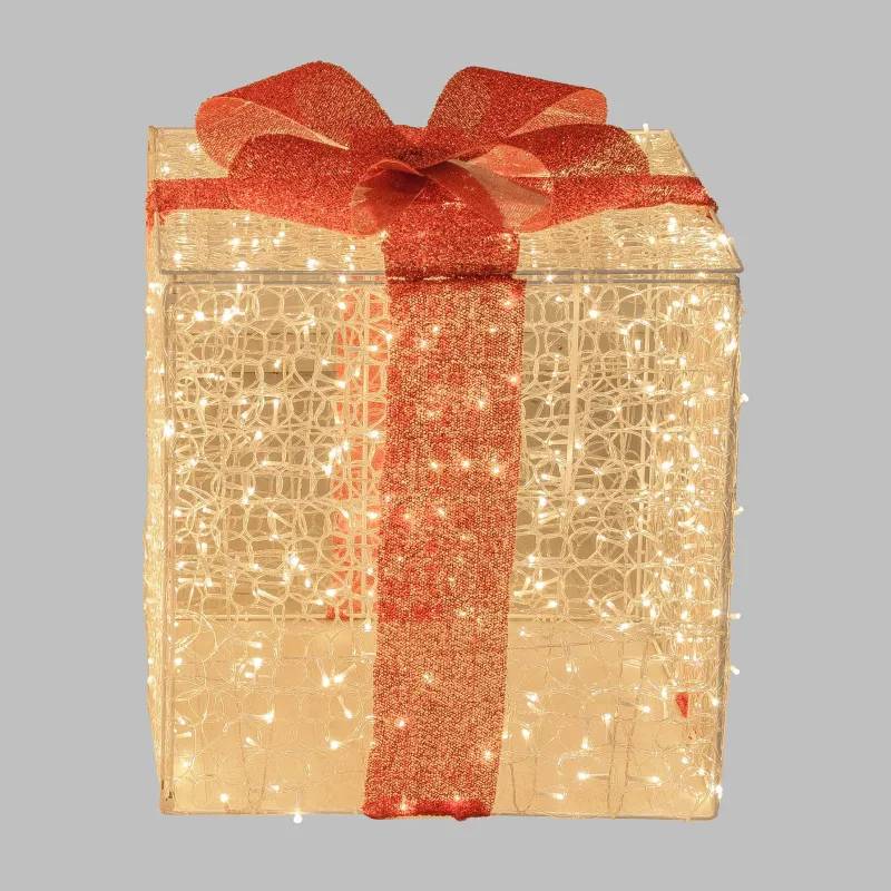 Lotti - Paquet Cadeau Lumineux 3D 65cm 550 LED Blanc Chaud Doré Nœud Rouge 9 Jeux Lumière IP44 Lotti - Image 5